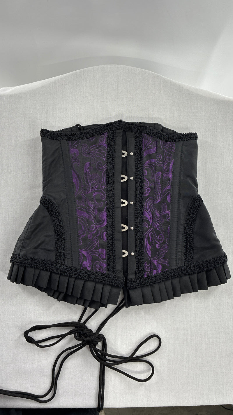 Vintage Black and Purple Brocade Corset with Pleated, Ruffled Hem (Sz 22)