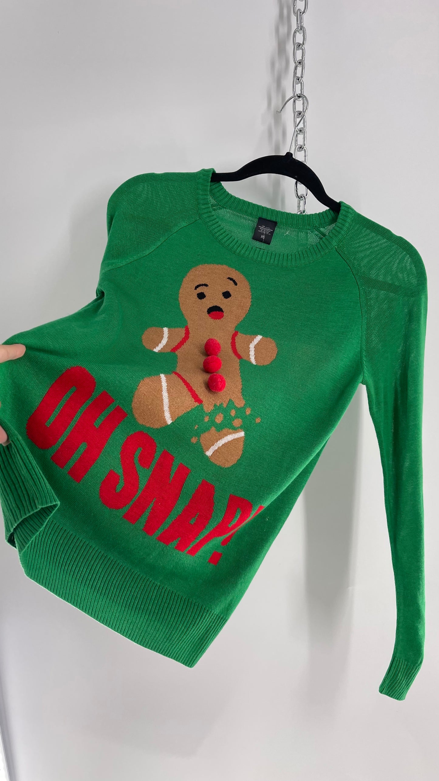 Vintage Green Oh Snap Gingerbread Man Sweater (XS)