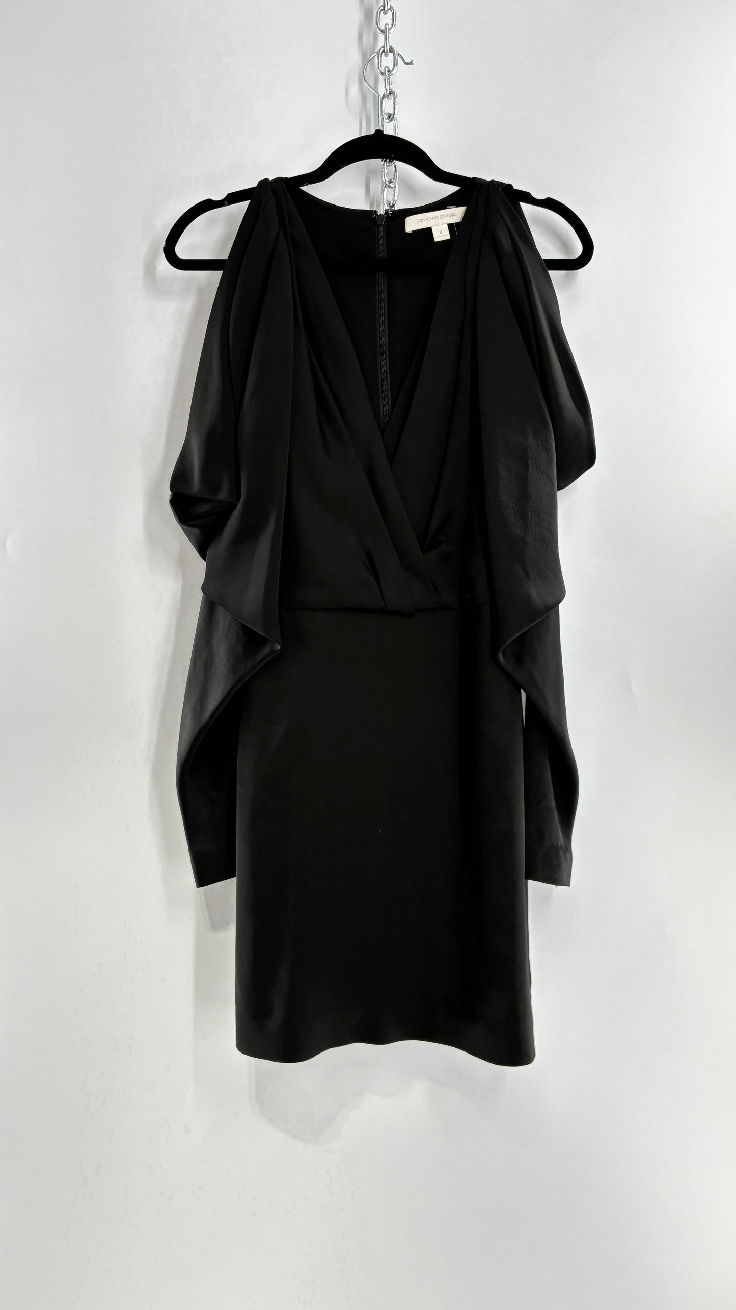 JONATHAN SIMKHAI Black Silky Mini Dress with Exaggerated, Draped Cold Shoulders (8)