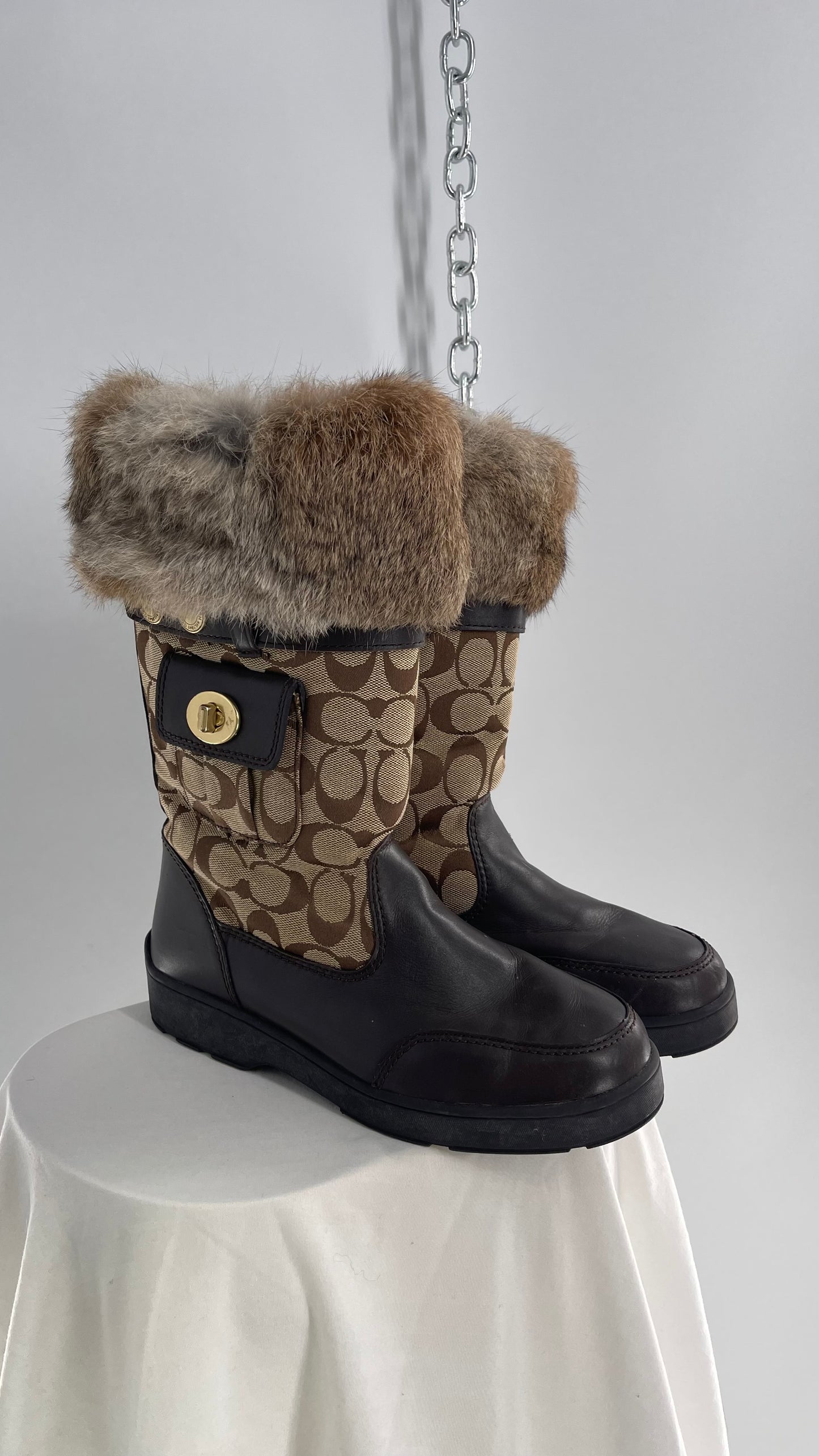 Coach Vintage Kimberly Brown Leather Quilted Monogram Rabbit Fur Trim Boot with Ankle Pouches  (8.5)