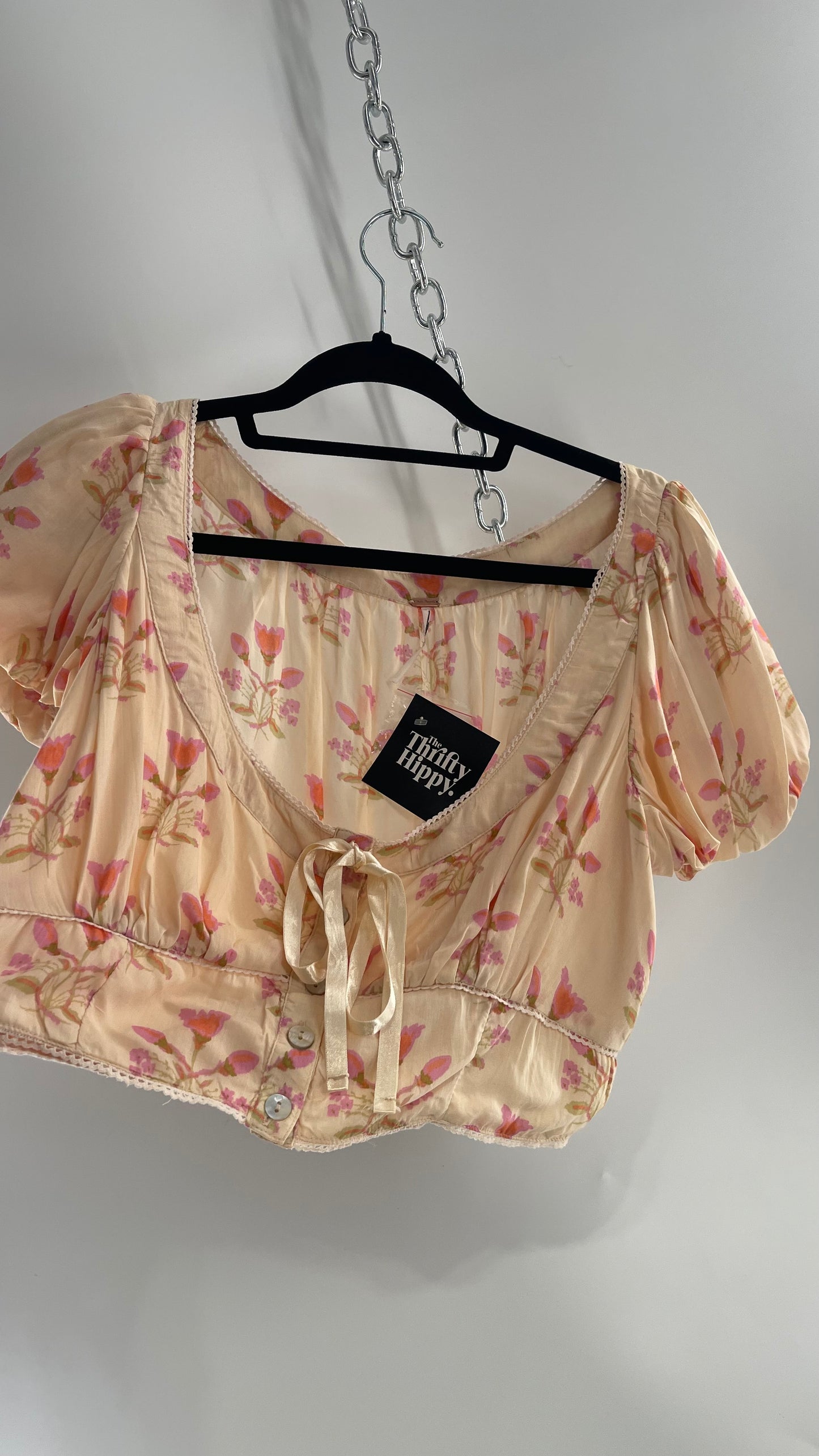 Free People Baby Pink Bustier Cropped Short Sleeve Top with Milkmaid Bustline, Floral Pattern and Ribbon Bow Detail (Large)