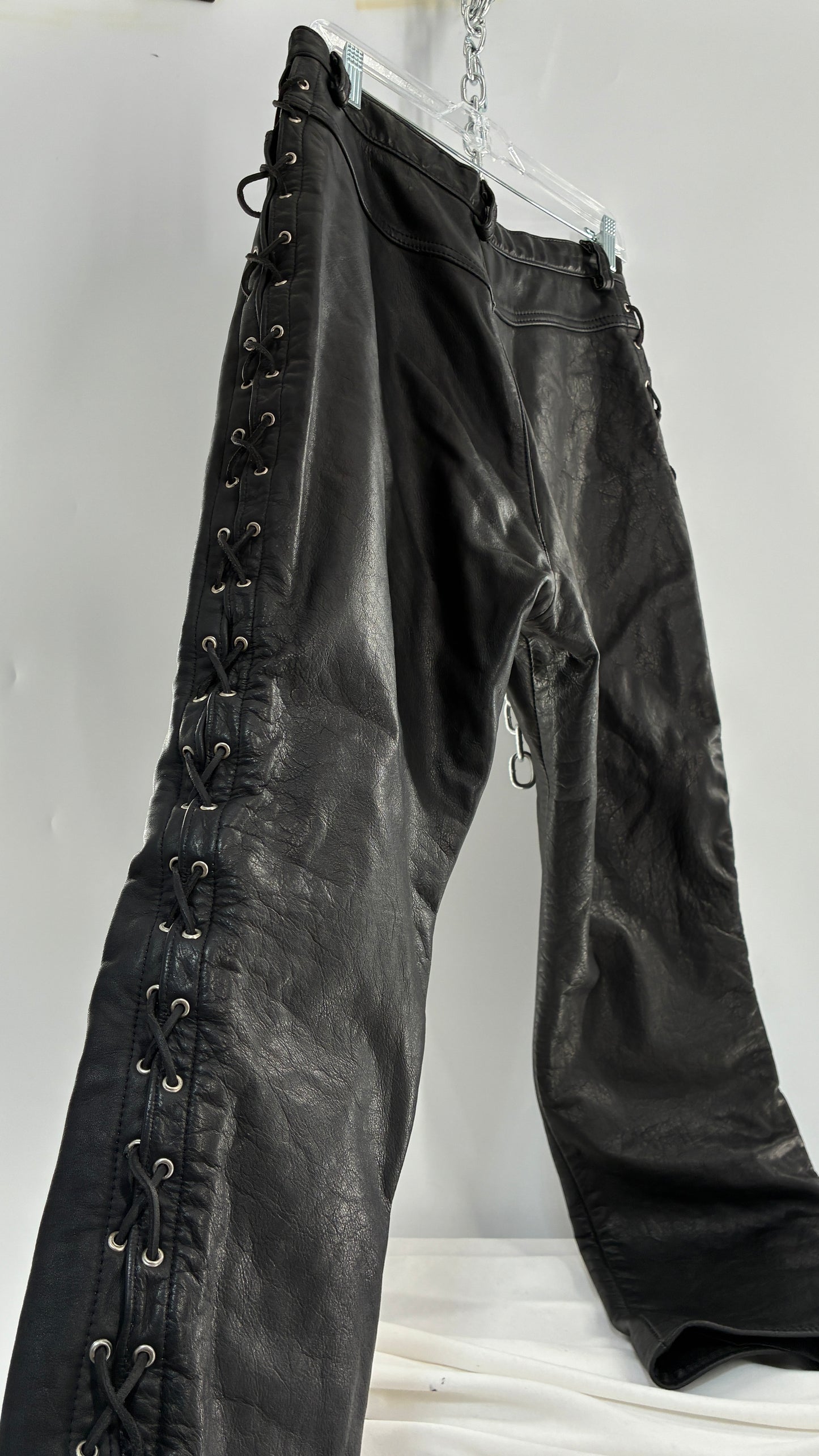 Vintage Thick Ultra Soft Black Leather Pants with Tie Up Sides (Medium)