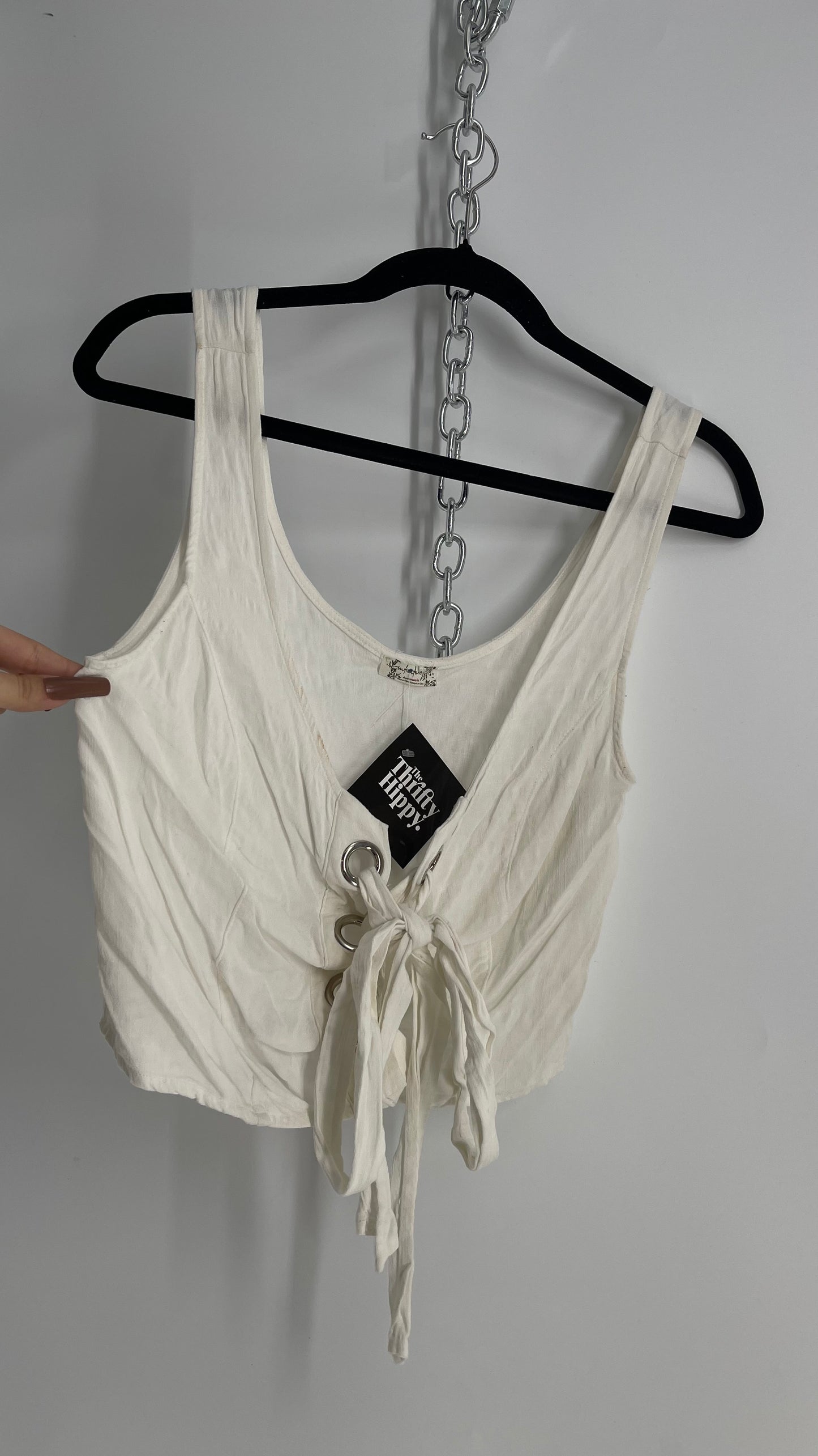 Intimately Free People White Crimped Metal Grommet Tie Front Tank (Small)