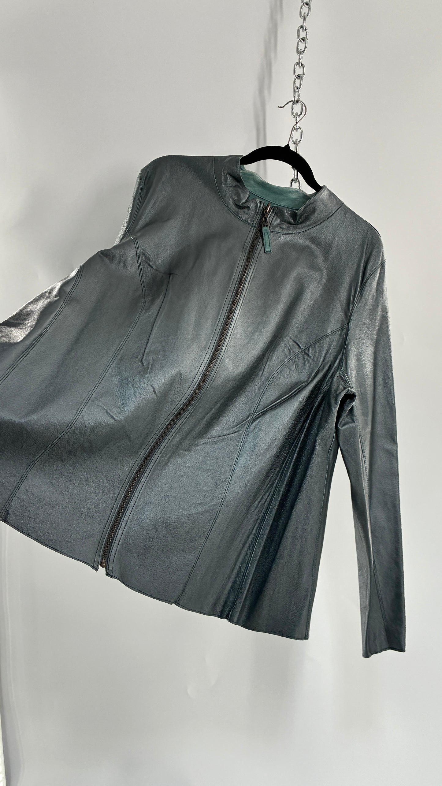 Vintage 1990s Metallic Blue Genuine Leather and Suede Reversible Thin, Zip Up Moto Jacket (XXL)