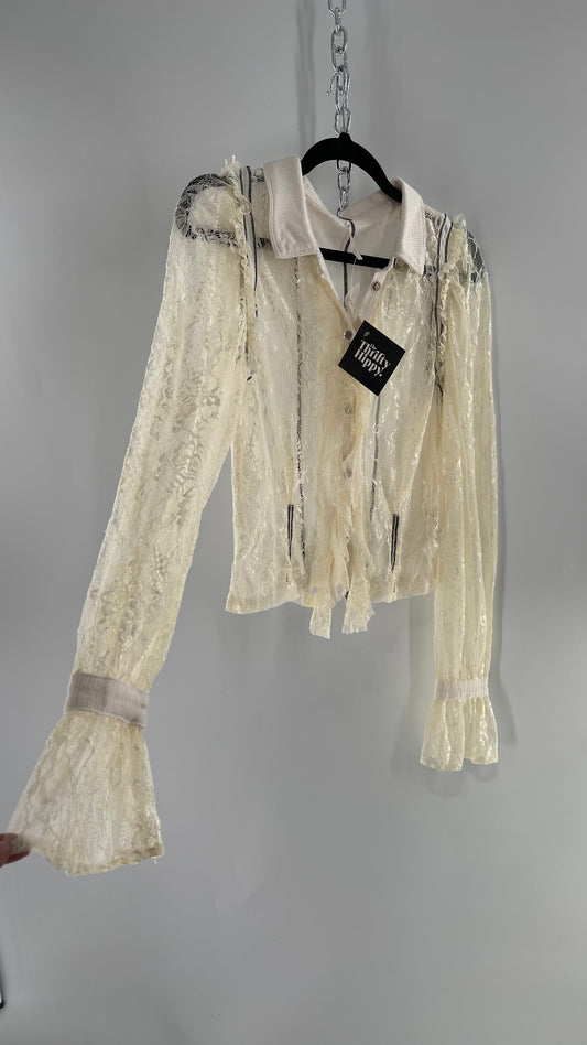 Free People White Lace/Ribbed BodyCon Button Up with Tags Attached (Large)