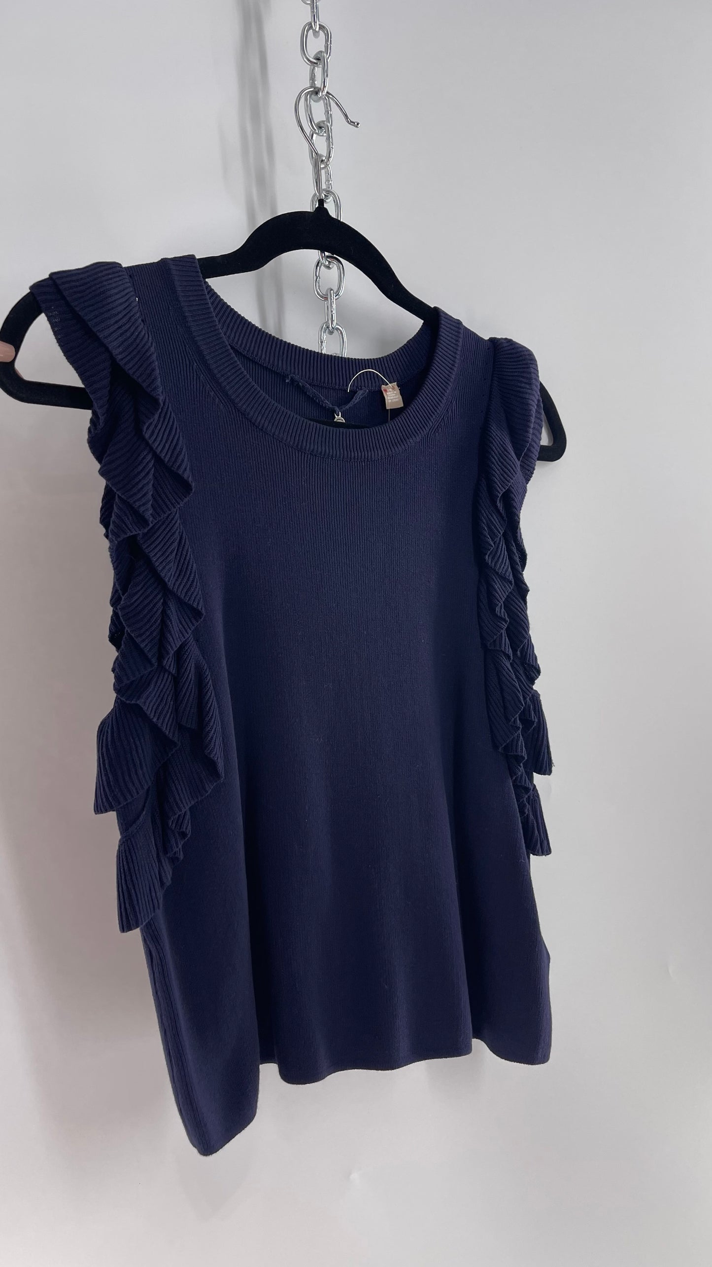 Anthropologie Knitted & Knotted Navy Ruffled Arm Sleeveless Blouse (Small)