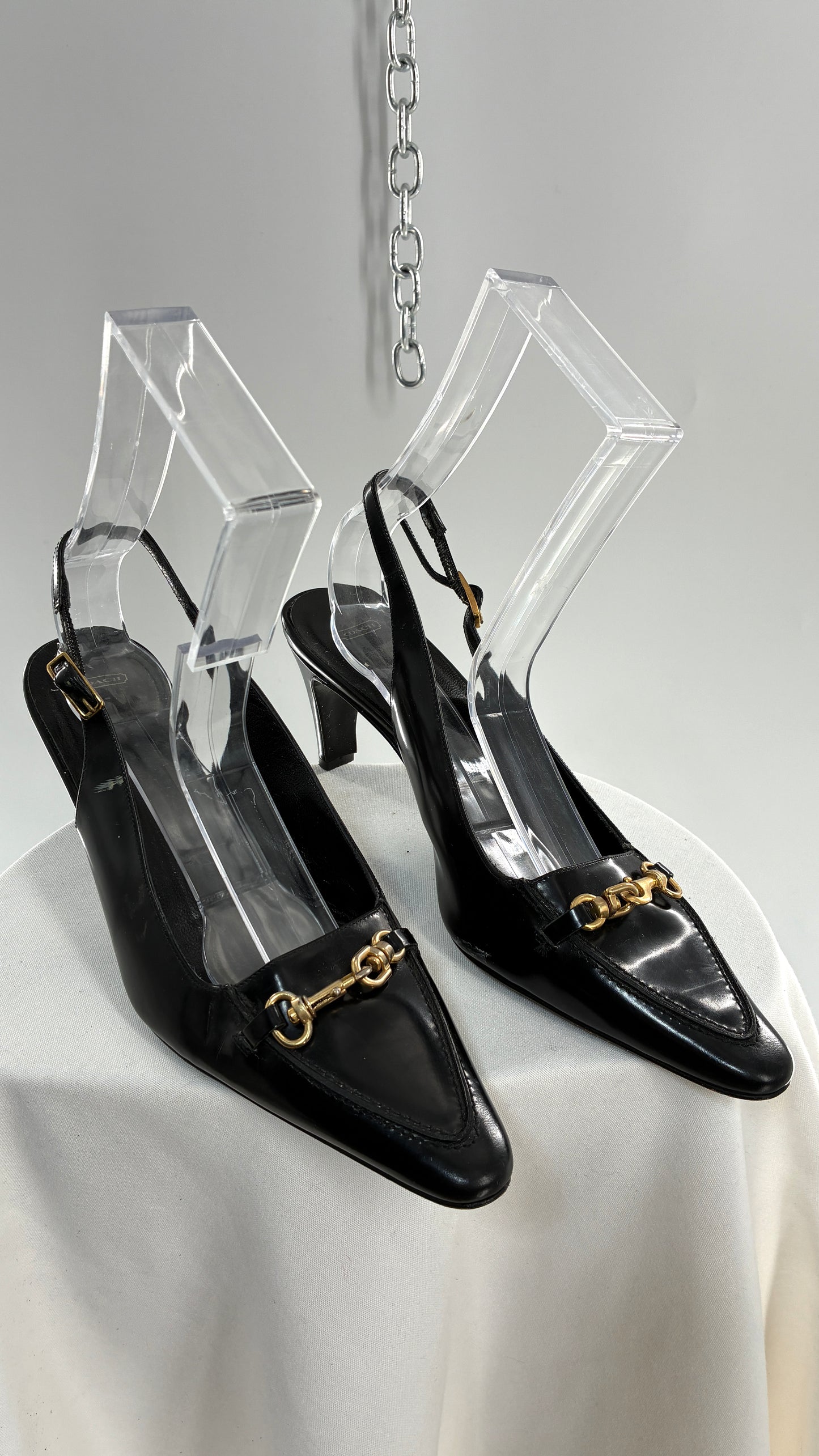 Vintage COACH Black Patent Leather Sling Back Kitten Heel with Brass Closure Detail (8.5)