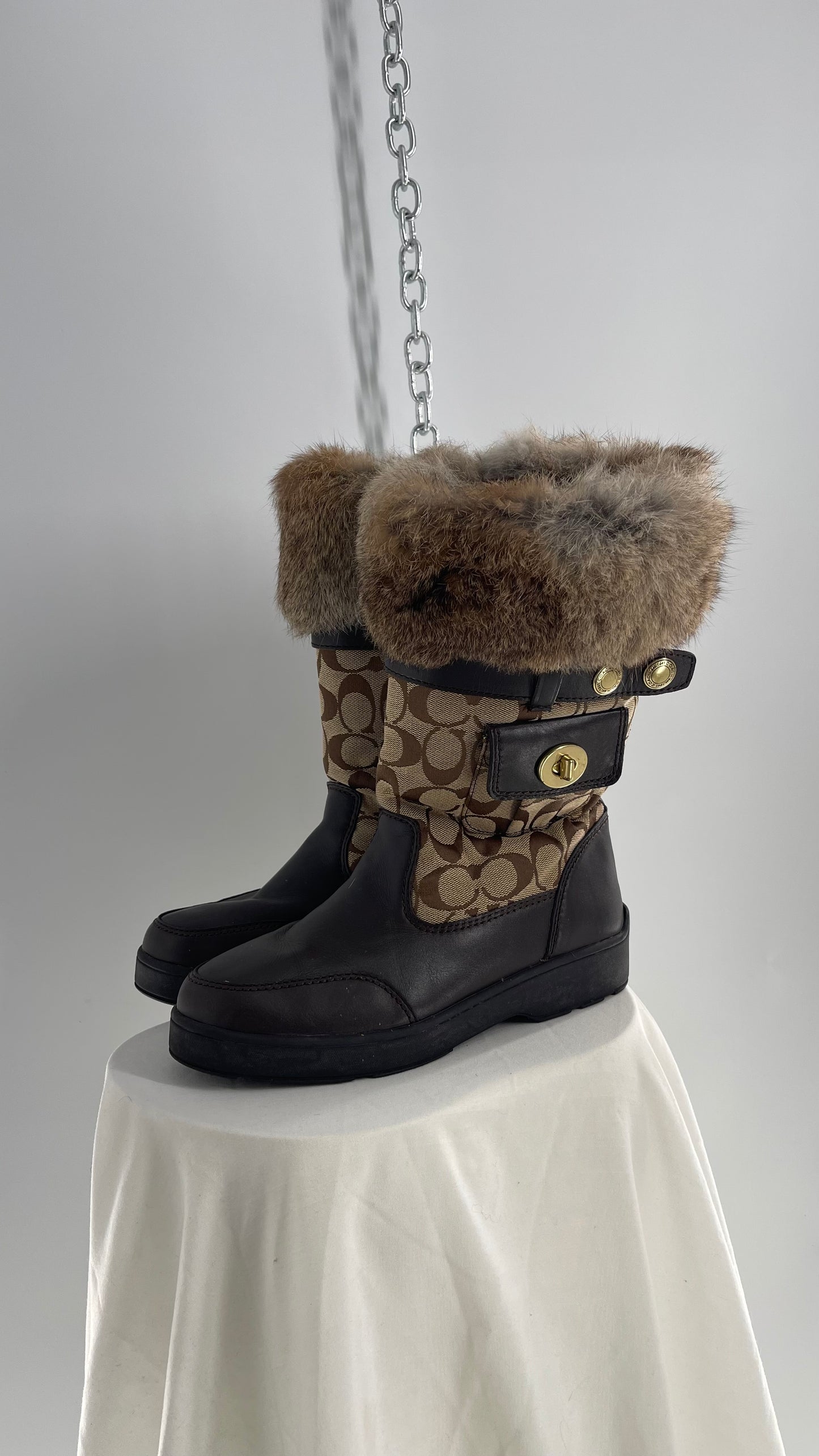 Coach Vintage Kimberly Brown Leather Quilted Monogram Rabbit Fur Trim Boot with Ankle Pouches  (8.5)