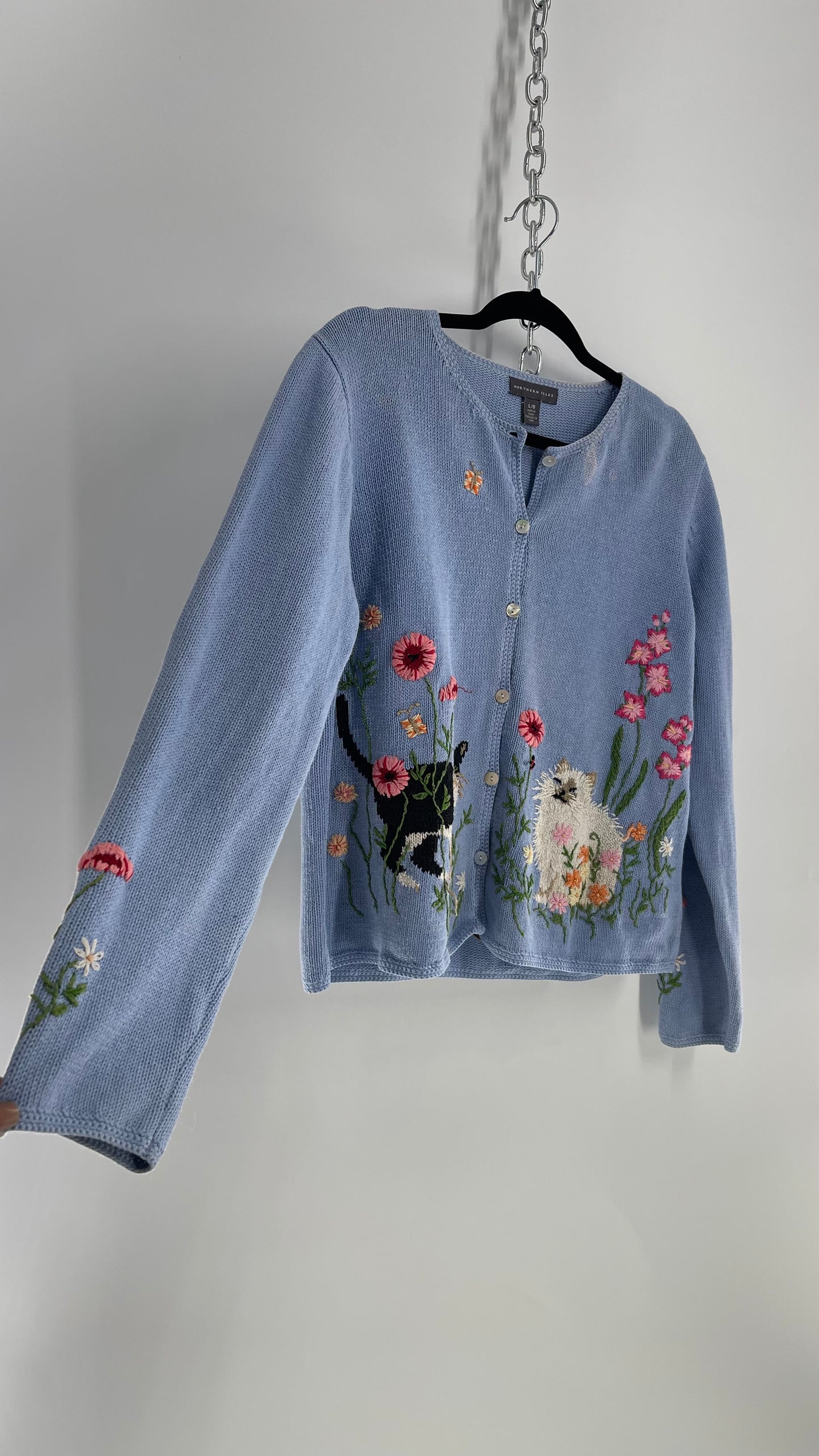 Vintage Northern Isles Powder Blue Kitten in Flower Field Cardigan (Large)