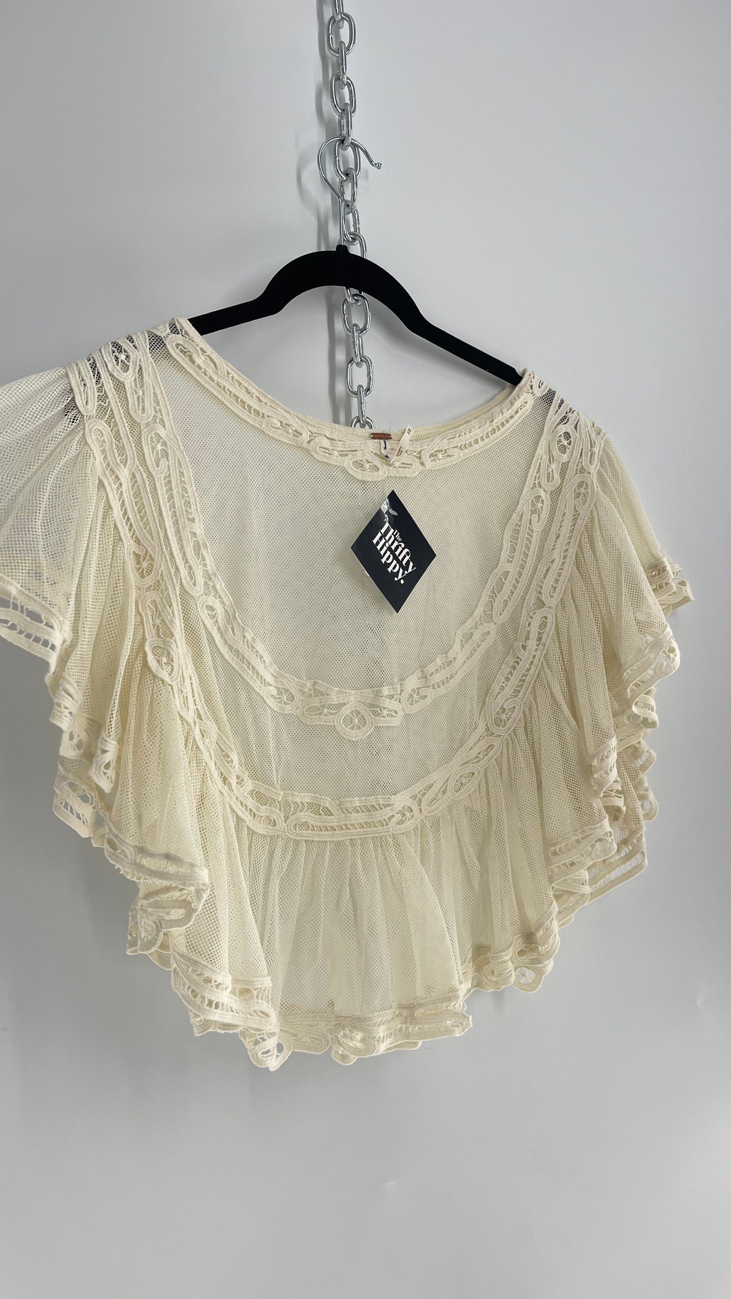 Free People Off White Mesh Lace Trim Bib/Collar Cropped Blouse (Medium)