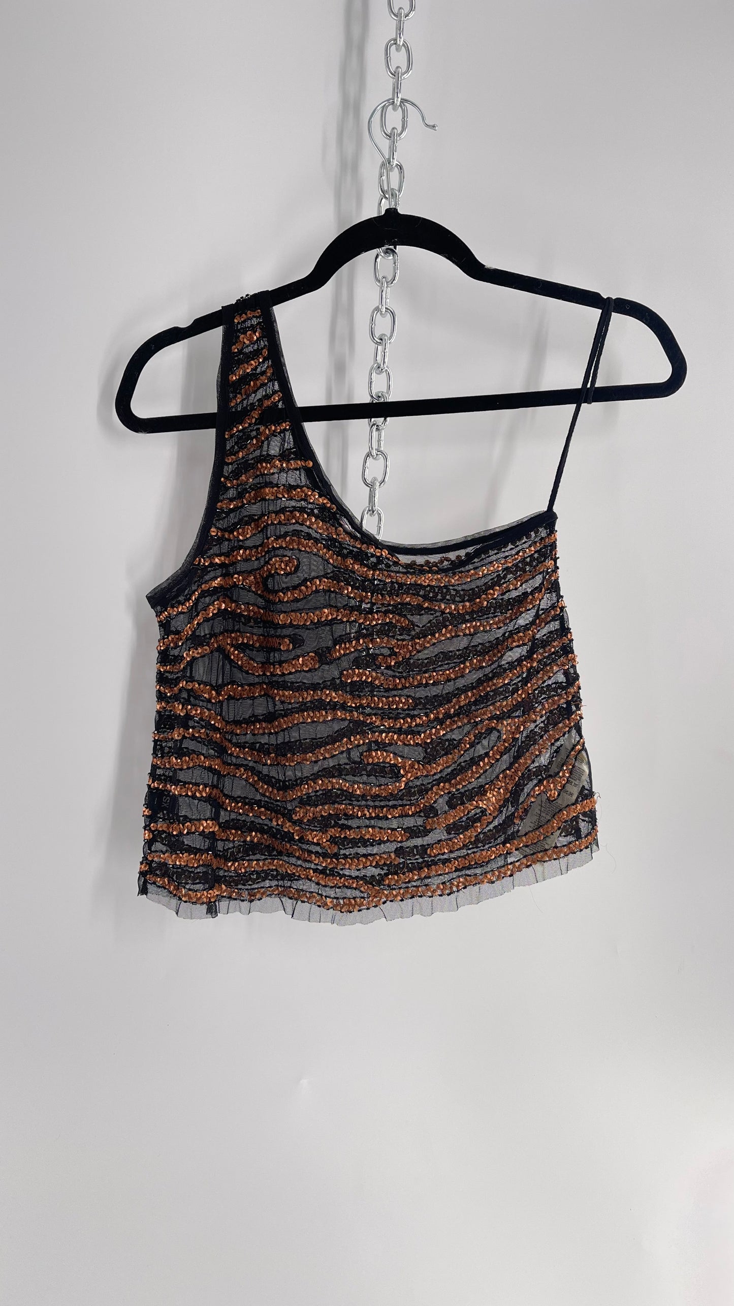 Free People Black Mesh One Shoulder Blouse with Copper Zebra Patterned Sequins (XS)