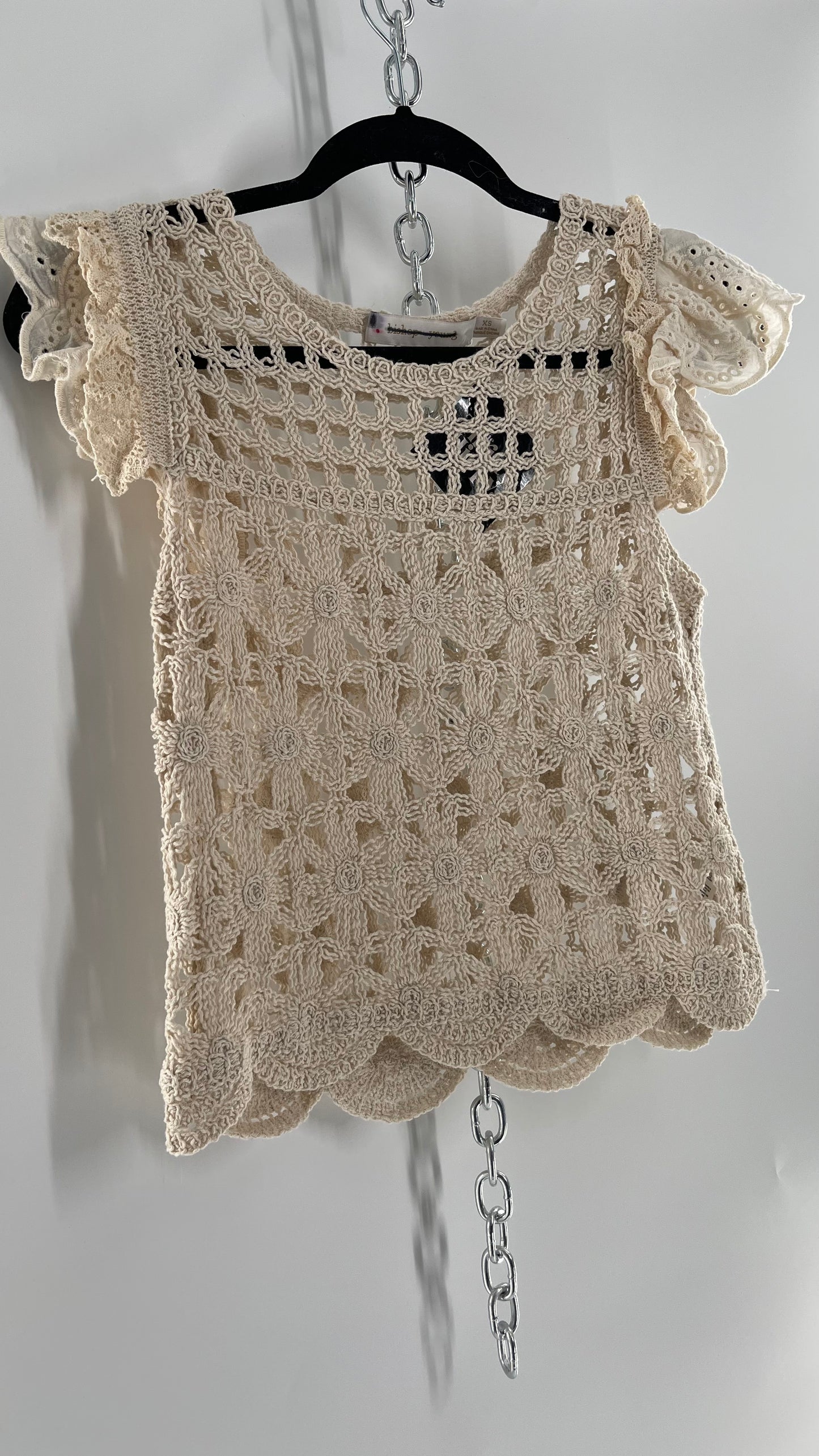 Bishop + Young Anthropologie Crochet Tank with Scalloped Hem and Lace Lined Sleeves (Small)