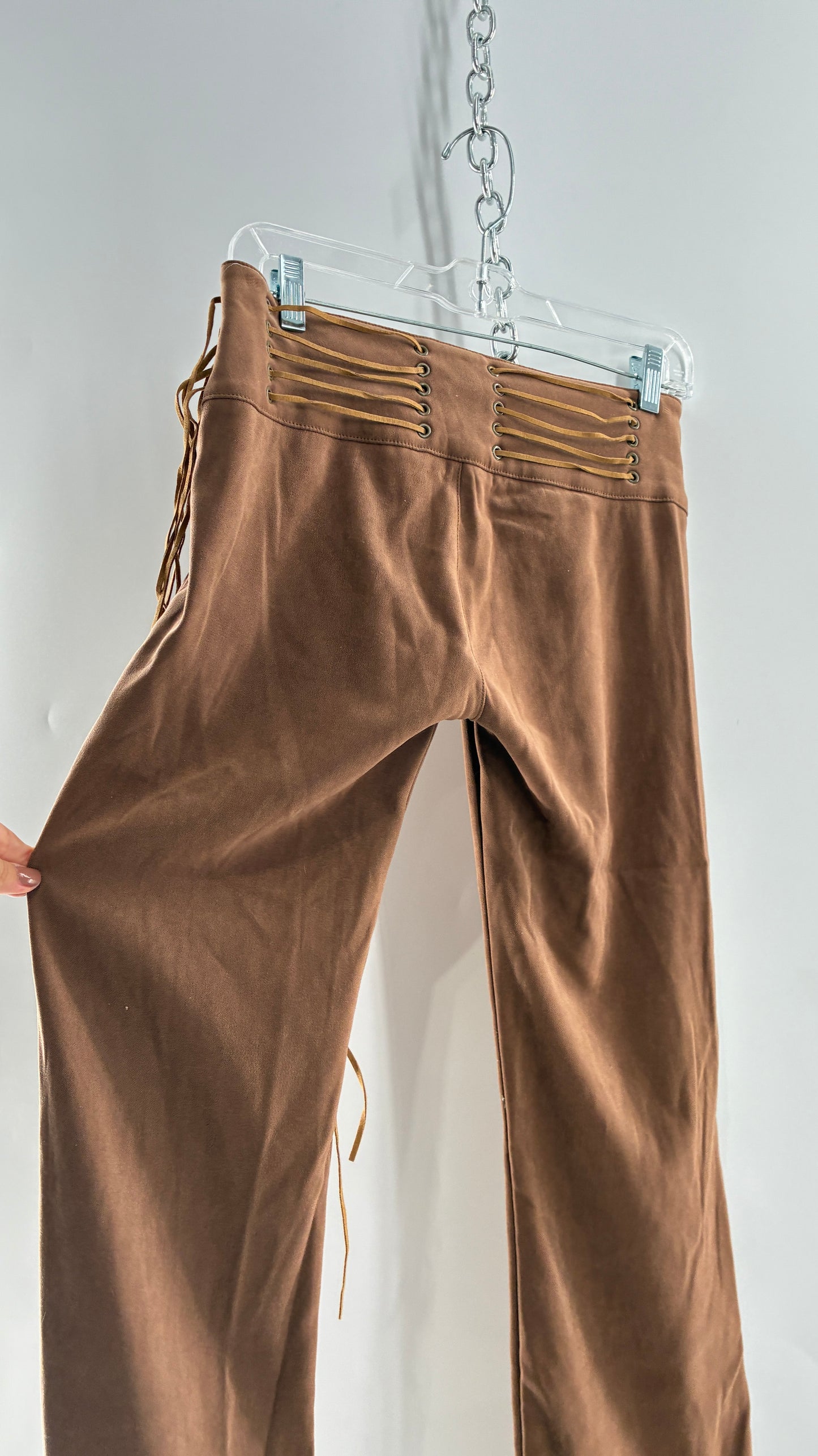 Vintage Rare L.E.I Low Rise Faux Suede Kick Flares with Wide, Thread Through Tassels Hip Band (5)