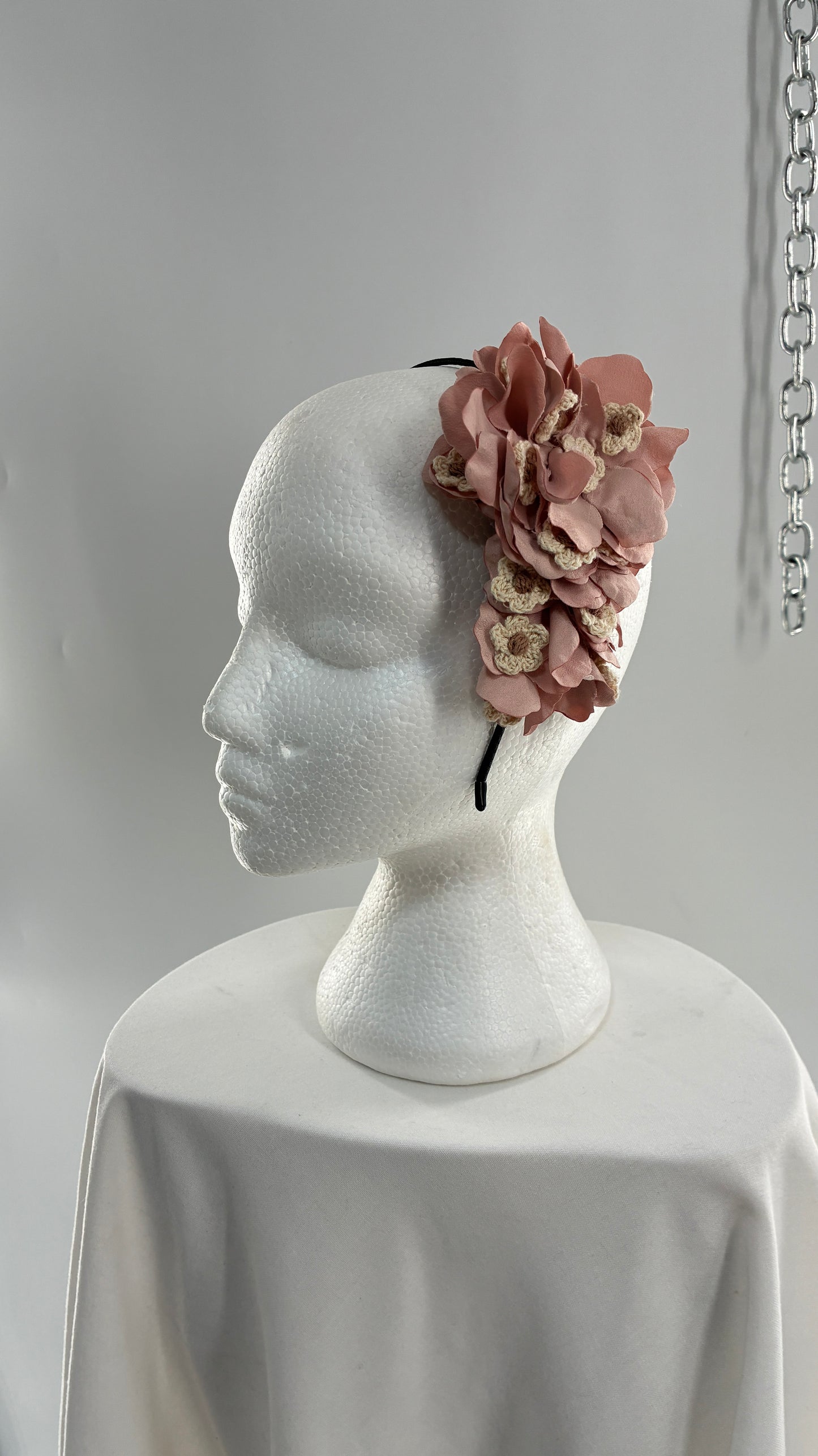 Vintage Handmade FARMER Headband with Pink Petals and Crochet Florals