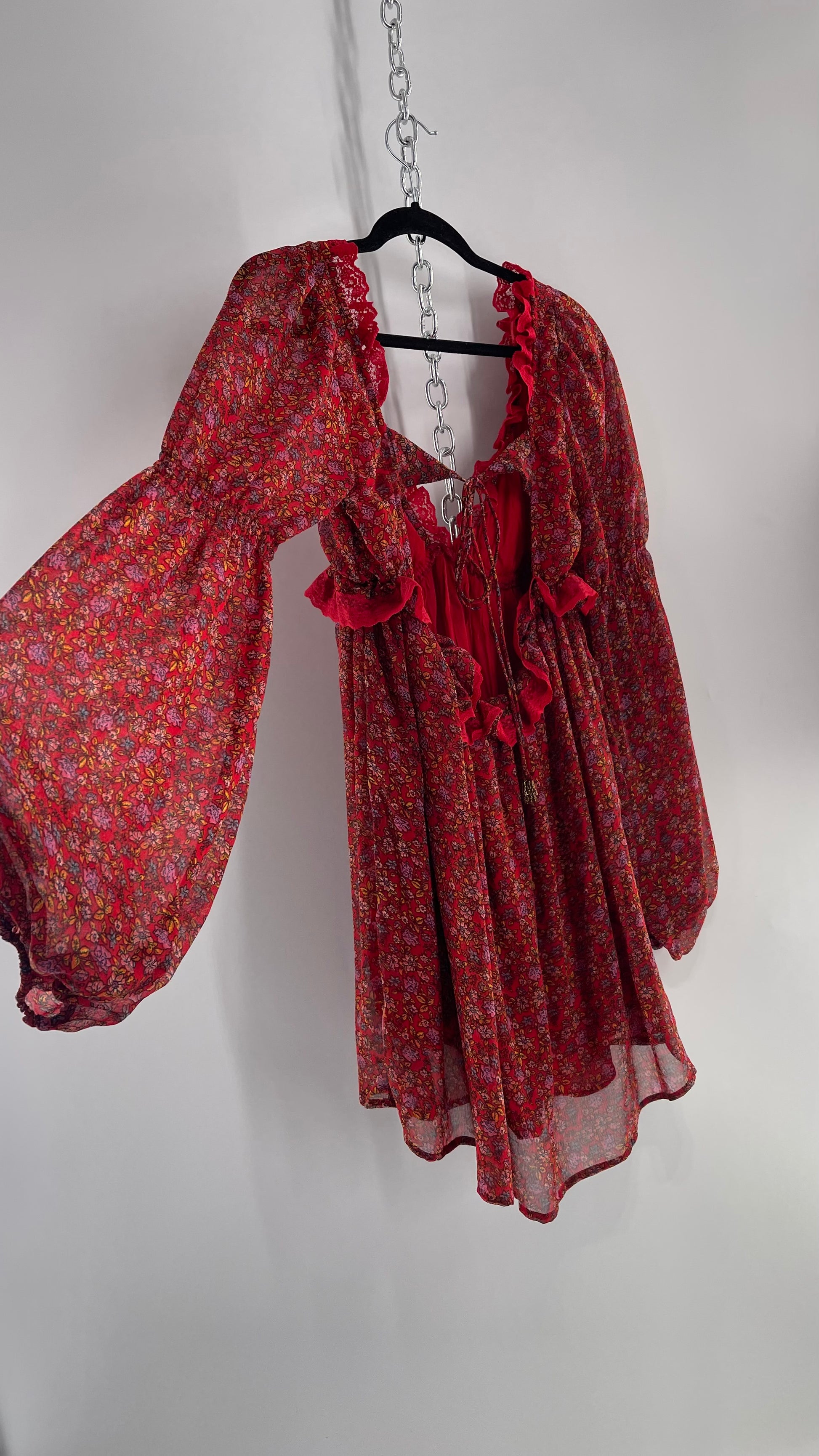 Free People Red Floral Mini Dress with Lace Trim, Open Back and Balloo The Thrifty Hippy Free People Red Floral Mini Dress with Lace Trim, Open Back and Balloo The Thrifty Hippy