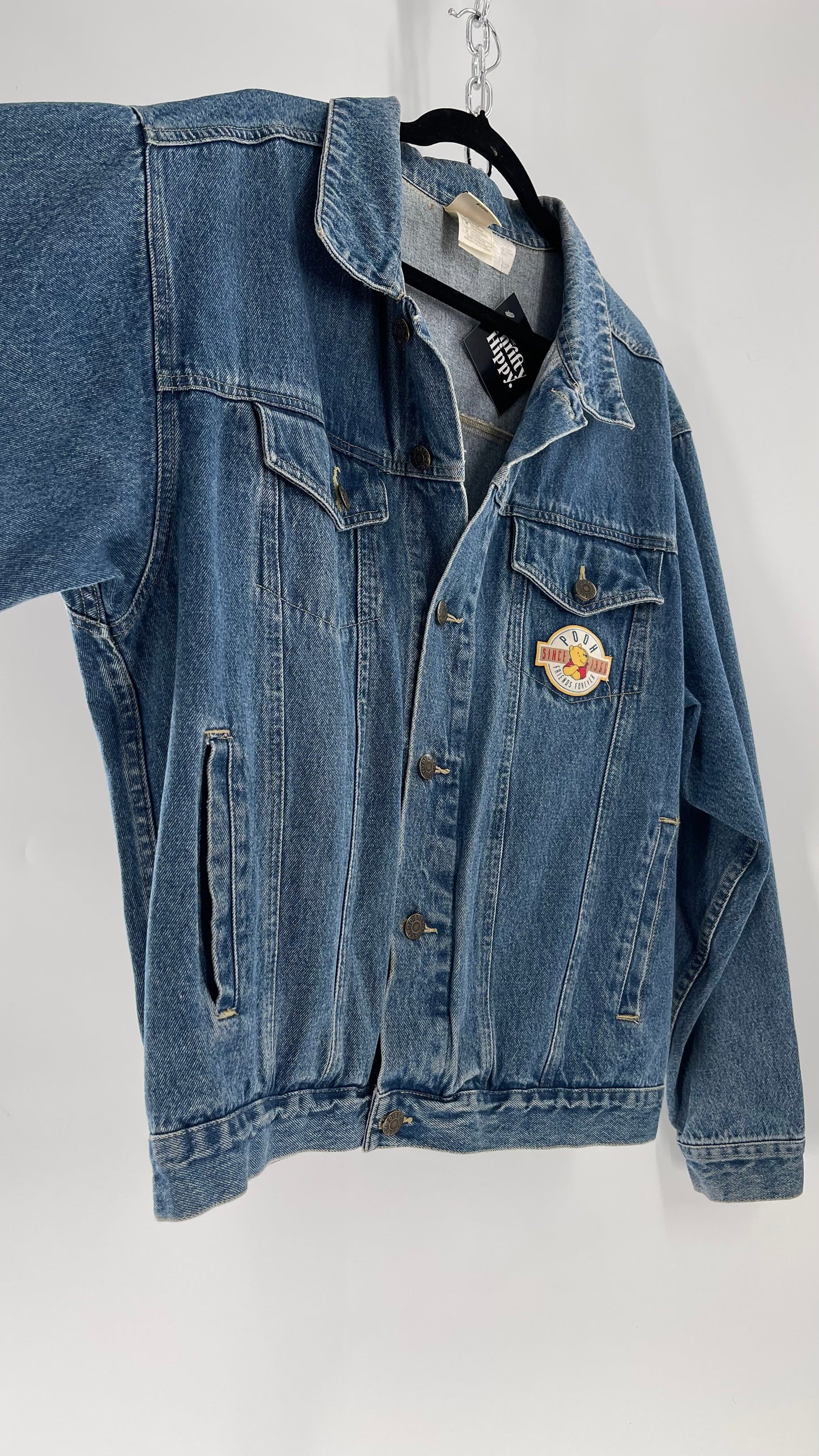 Vintage Disney Denim Jacket with Embroidered Graphic/Patches on Back and Pocket (Medium)