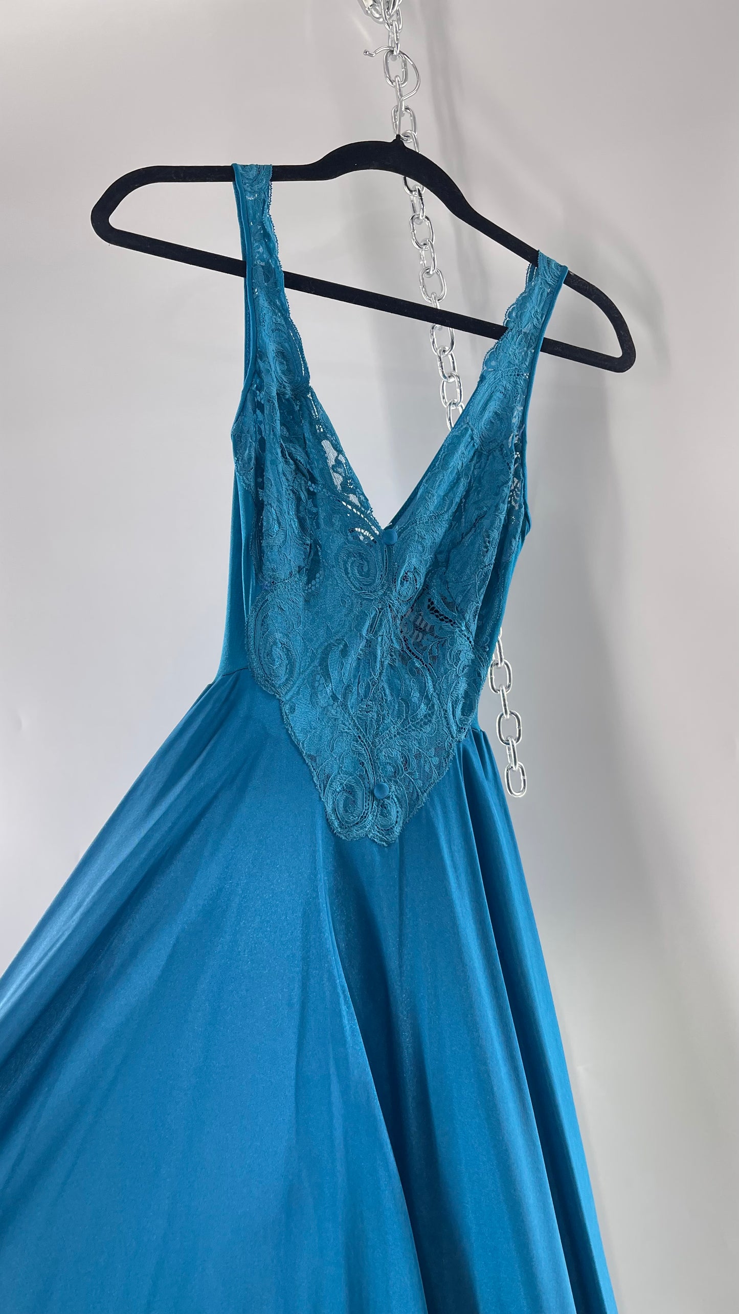 Vintage Olga Intimates Floor Length Voluminous Blue Jewel Toned Maxi Dress/Night Gown with Lace Bust (Small)