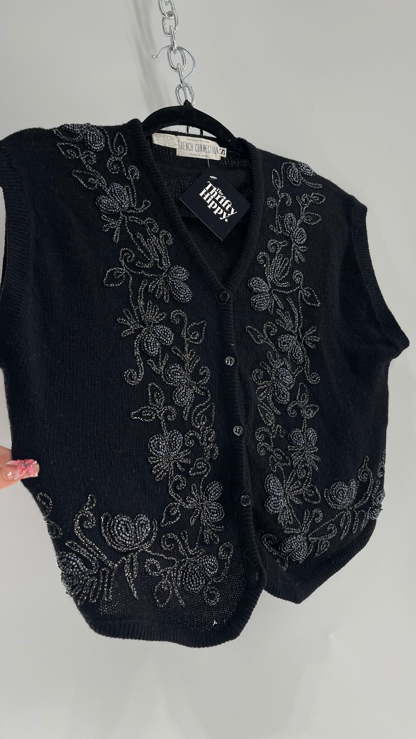 Vintage French Connection Black Beaded Vest, 70% Lamb’s Wool (Small)