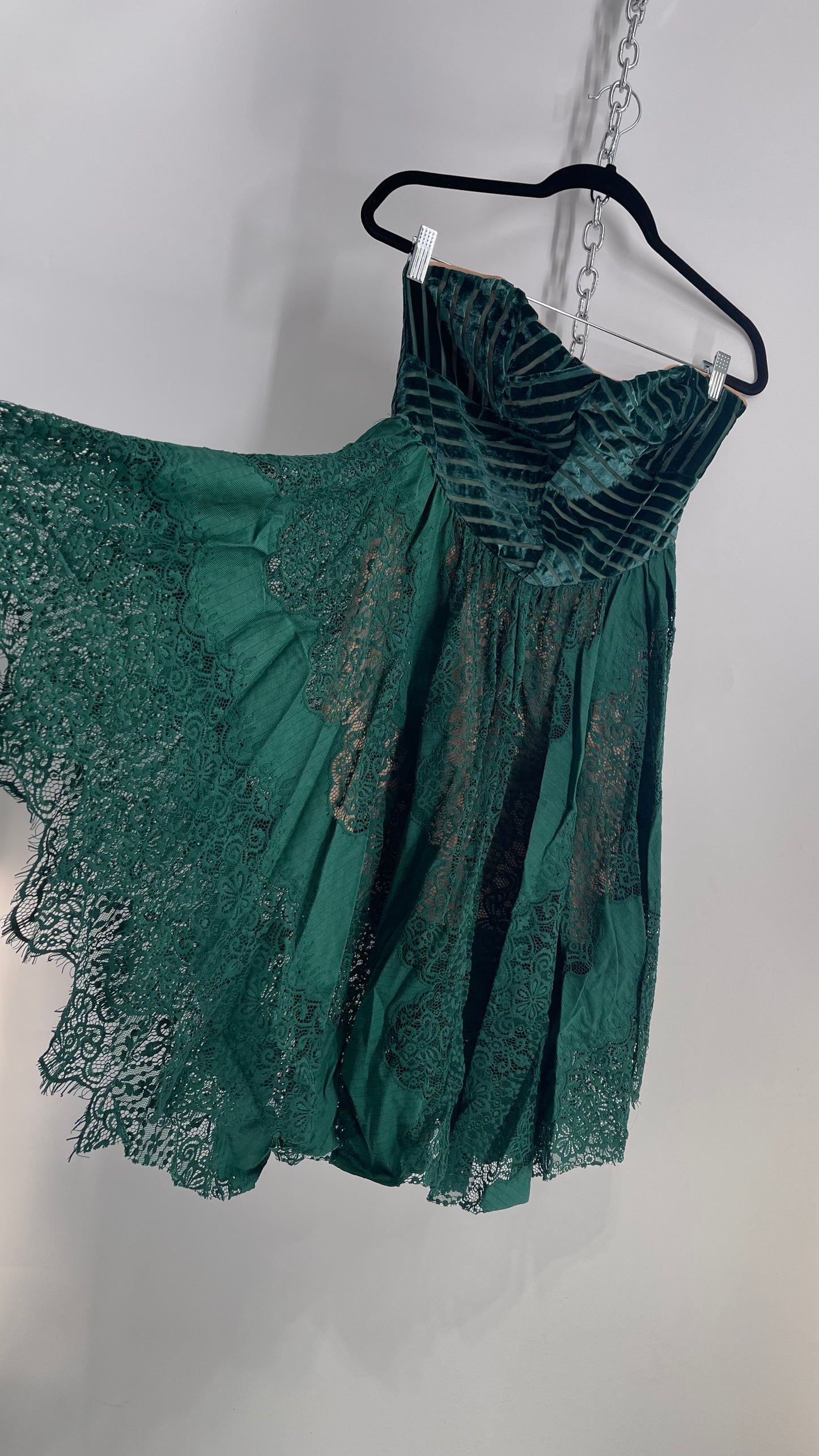 Free People Emerald Green Dress with Velvet Sweetheart Neckline Bustier Bodice with Scalloped Lace, Handkerchief Hem Skirt over Nude Underlay 
 (4)