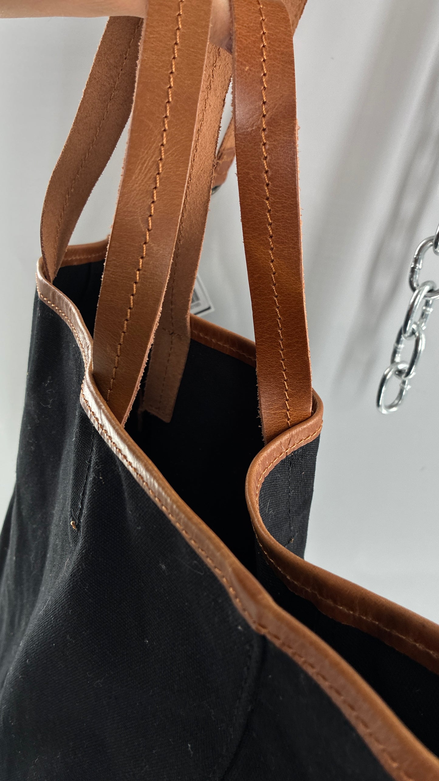 Urban Outfitters Large Black Cotton Tote Bag with Inner Pockets, Genuine Leather Lining and Straps