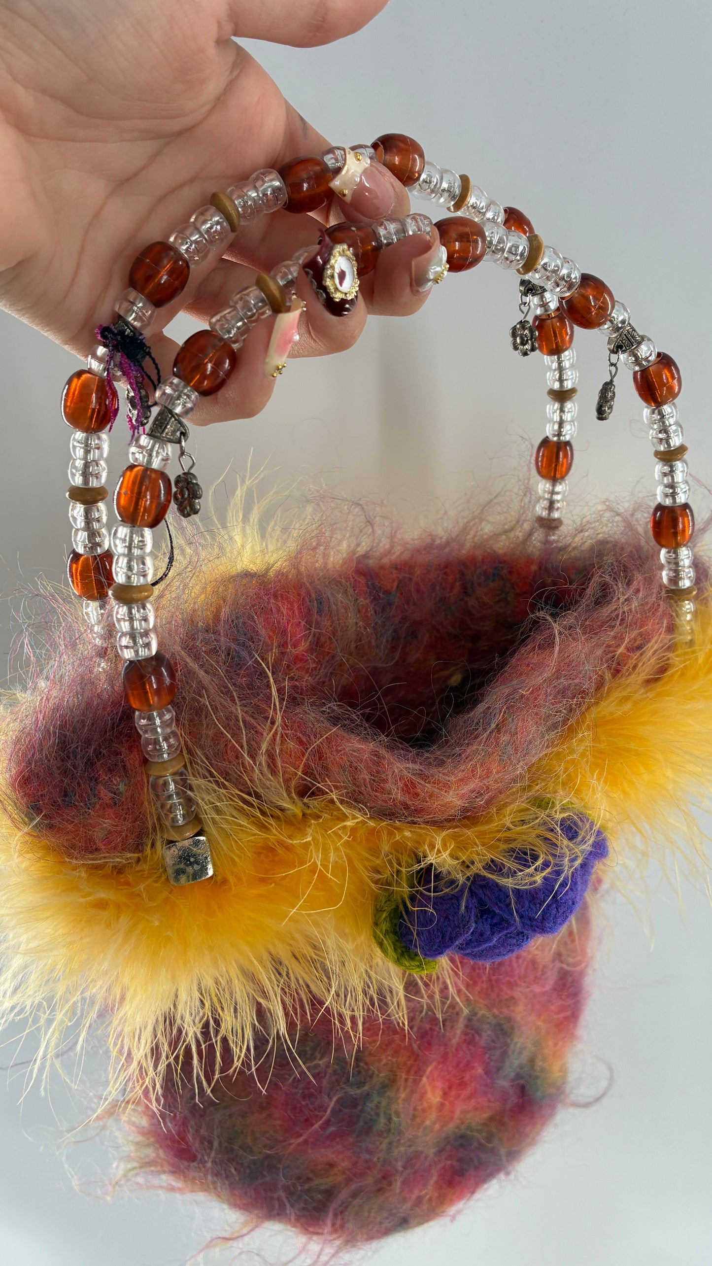 Deadstock Vintage Handmade Handwoven Bag with Beaded Handle, Metal Charms and Yarn Rosette
