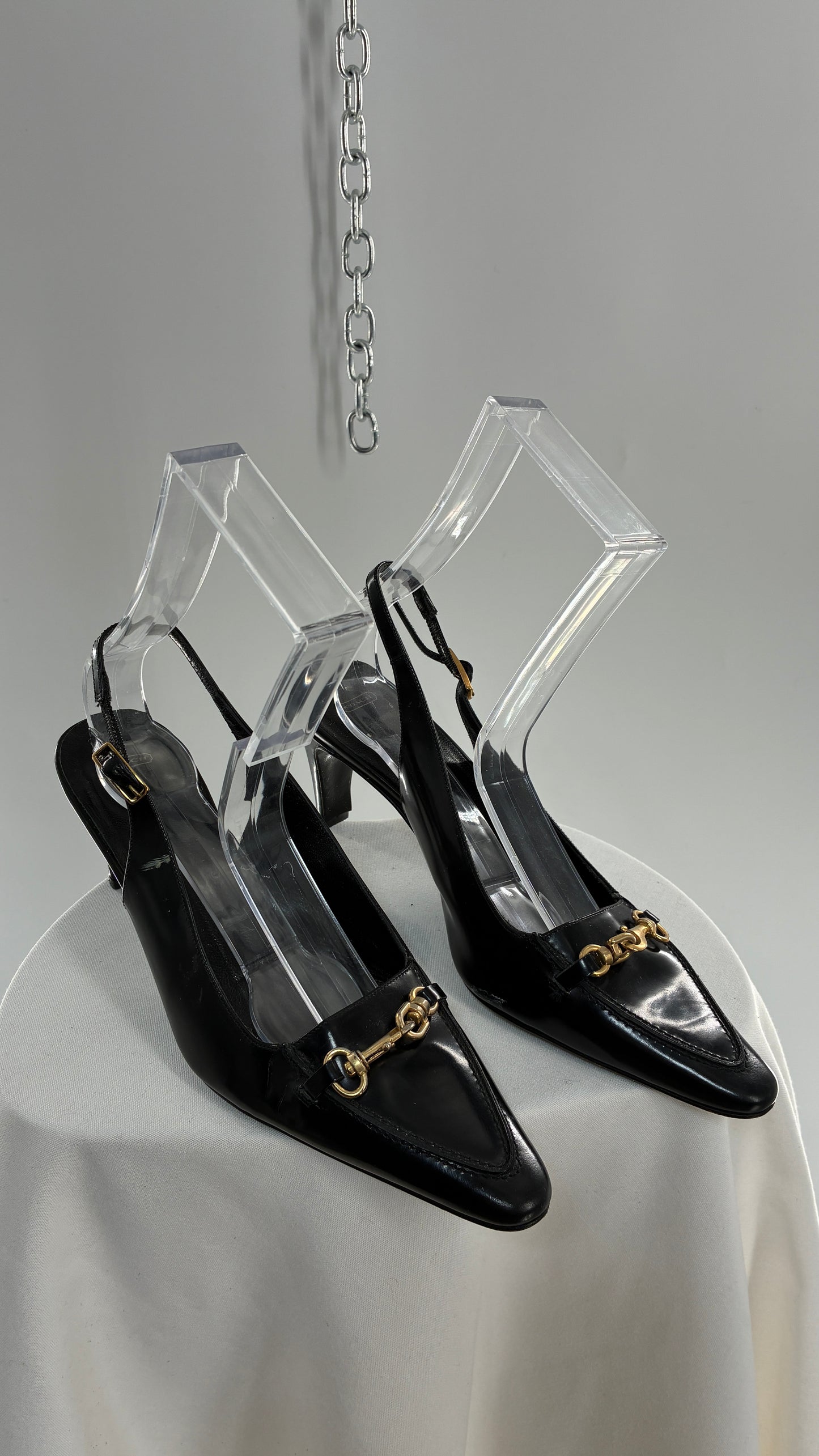 Vintage COACH Black Patent Leather Sling Back Kitten Heel with Brass Closure Detail (8.5)