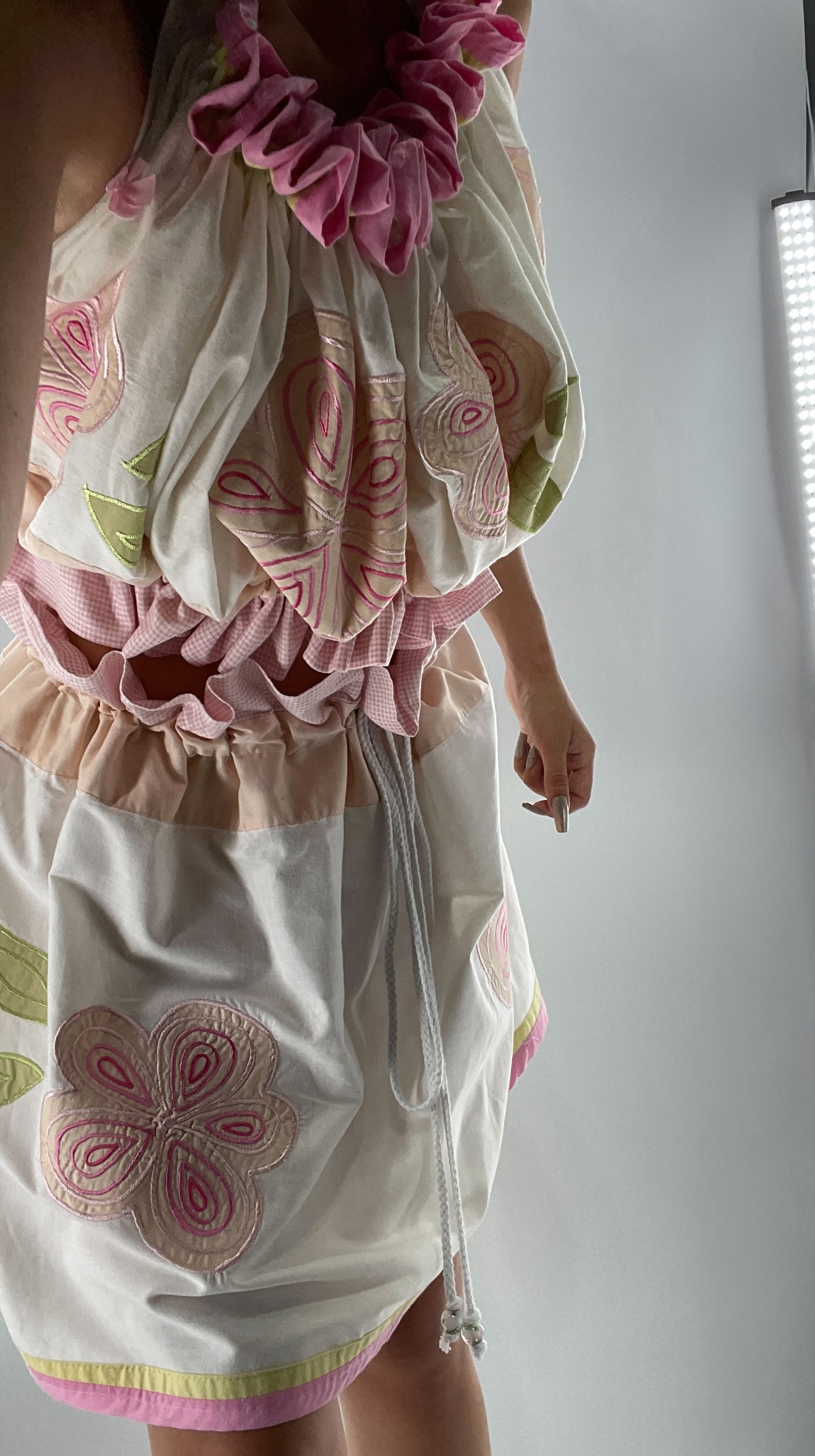 Vintage Flower Girl Set with Embroidered Floral Patches and Glass Bead Drawstrings (ONE SIZE)