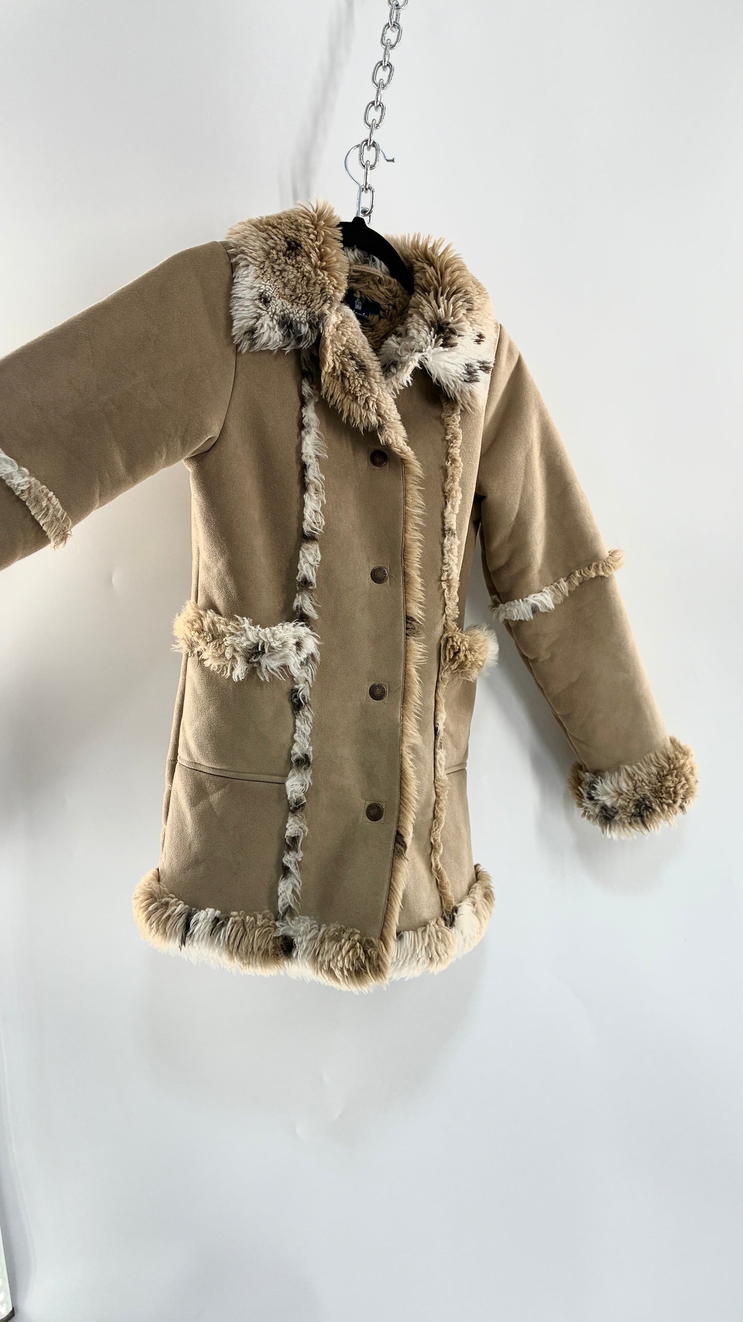 LONDON FOG (10/12) Vegan Suede Coat with Leopard Patterned Piping, Trim and Collar