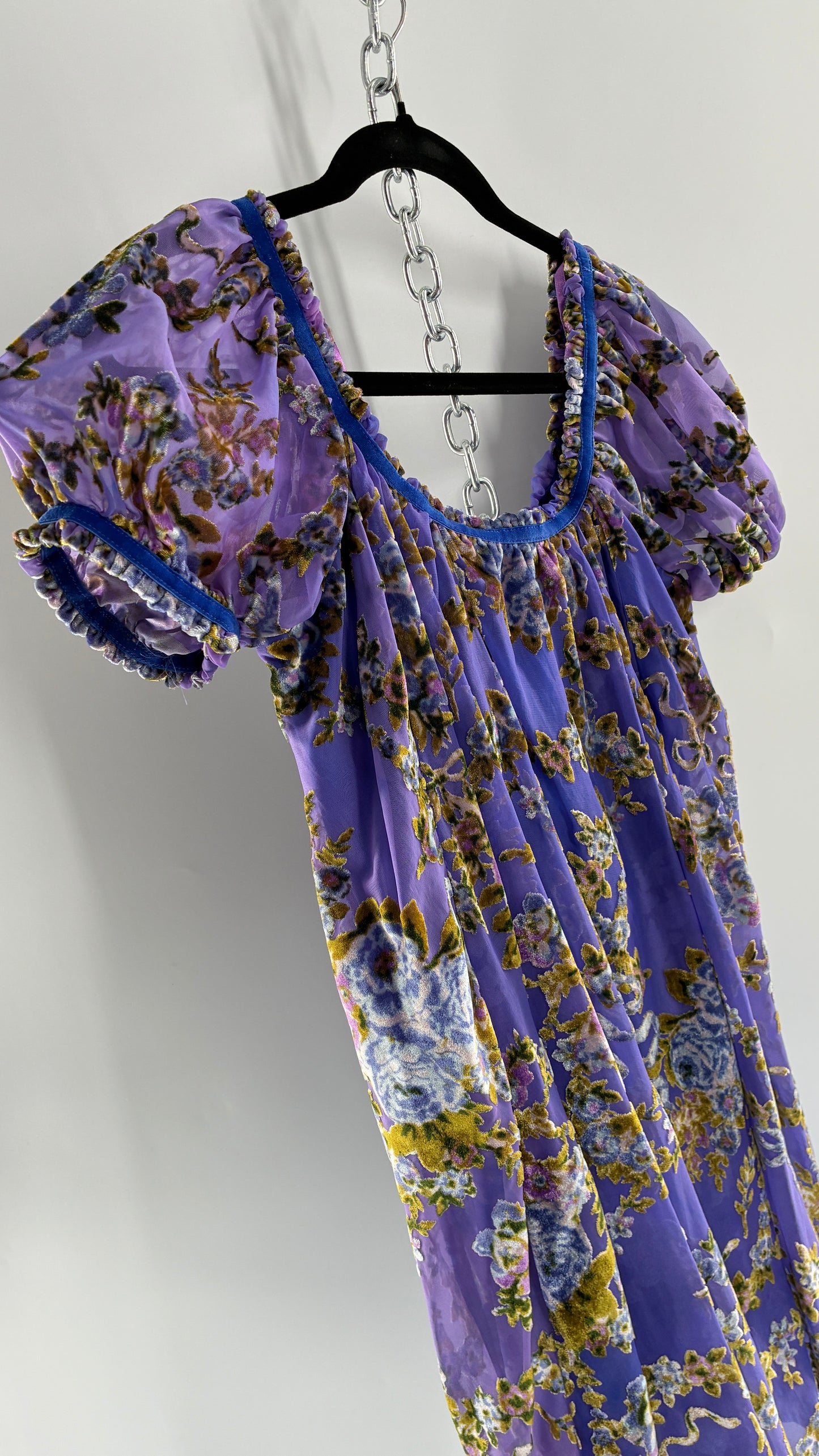 Free People Royal Blue Velour Floral and Bow Puff Sleeve Babydoll Mini Dress (XS)