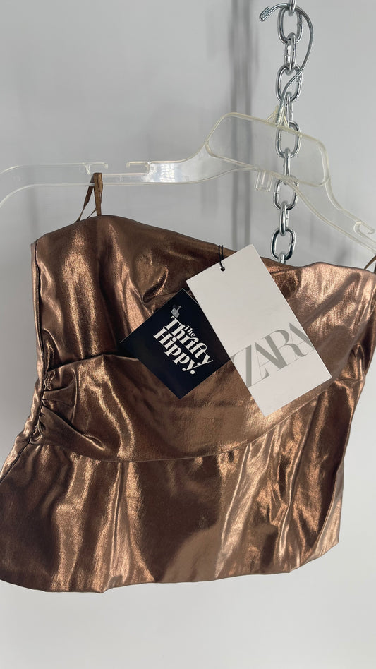 ZARA Metallic Bronze Bustier With Draping Detail and Tags Attached (Small)