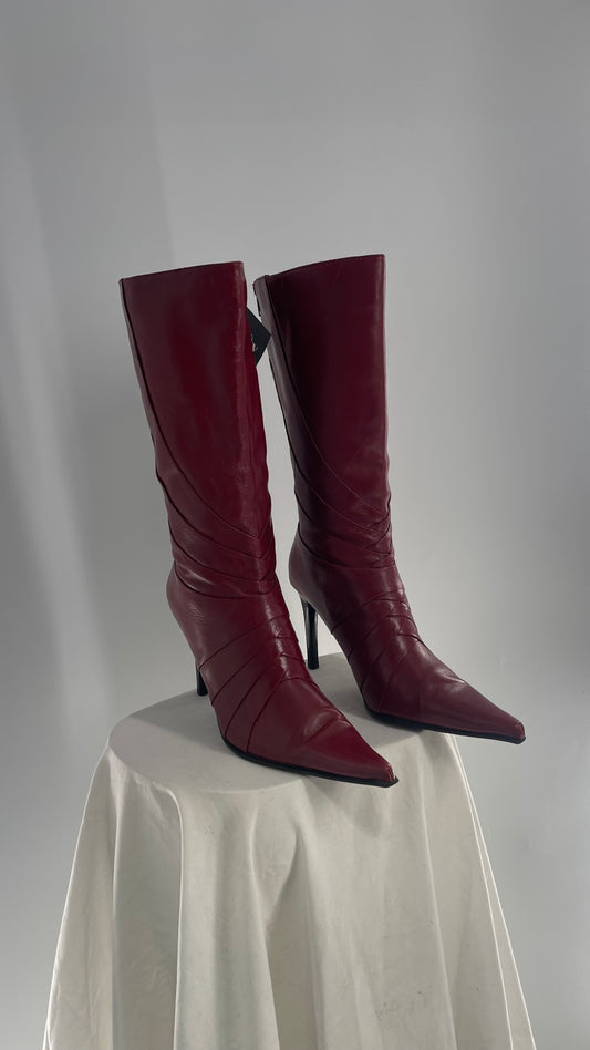 Vintage ALDO Cherry Red Pleated Pointed Toe Knee High Heeled Boots (38)