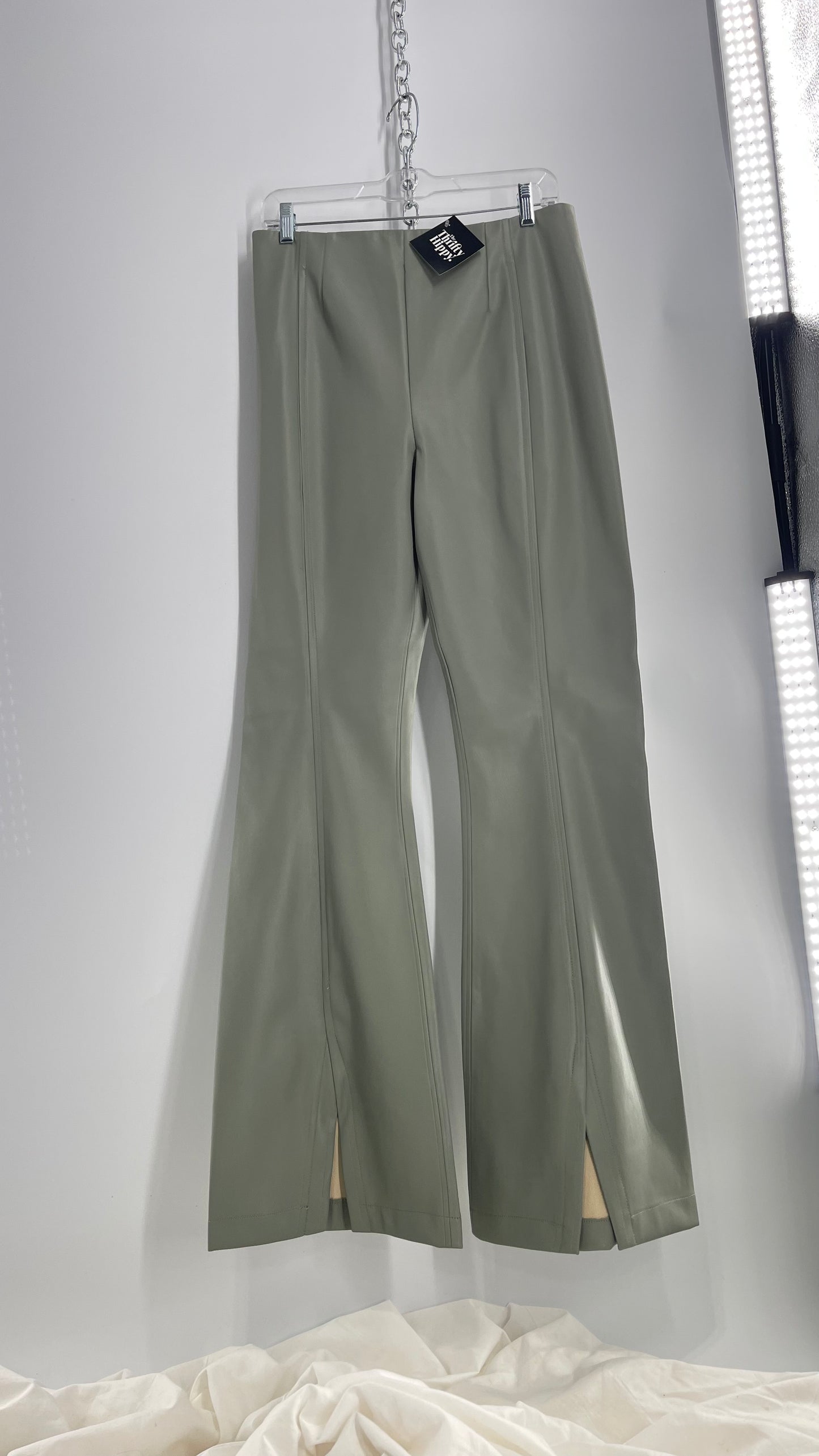 Free People Real Deal Grey/Sage Vegan Leather Vented Hem Flares (31)