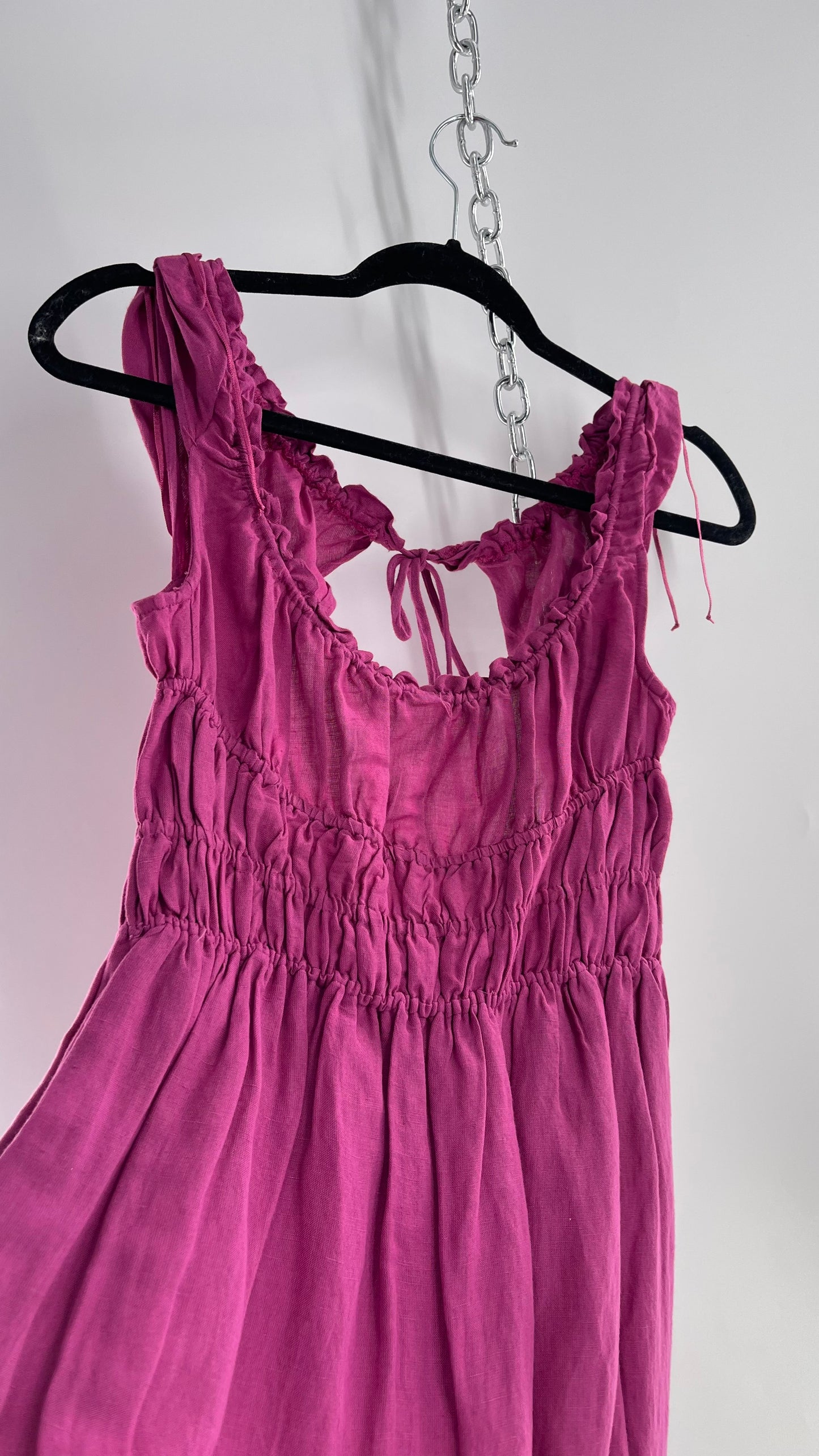 Anthropologie Mauve Cotton Dress with Smocked Bodice and Open Back (XS)