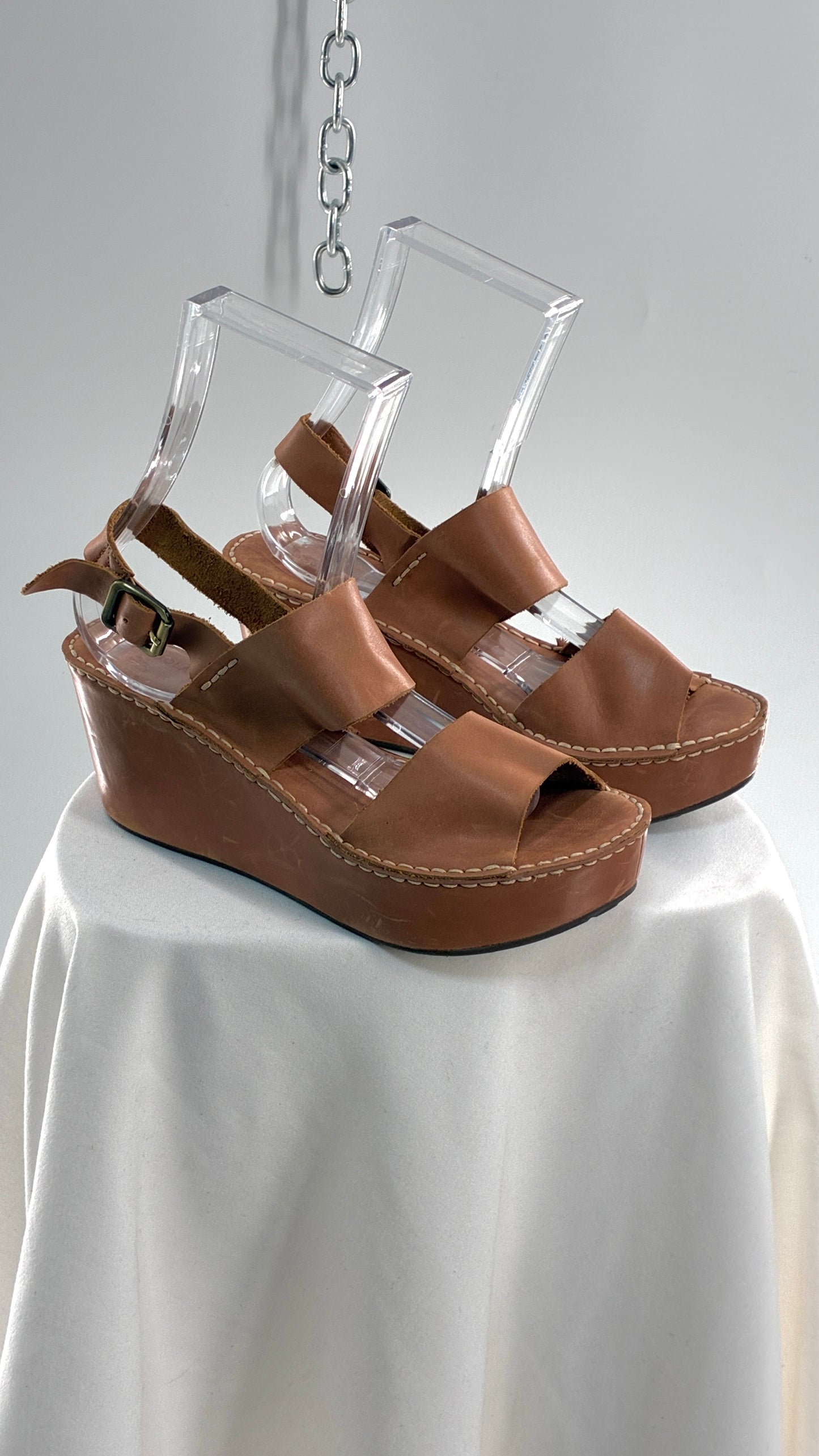 Chocolat Blu Tan Genuine Leather Wedge Platform Sandals (8.5)