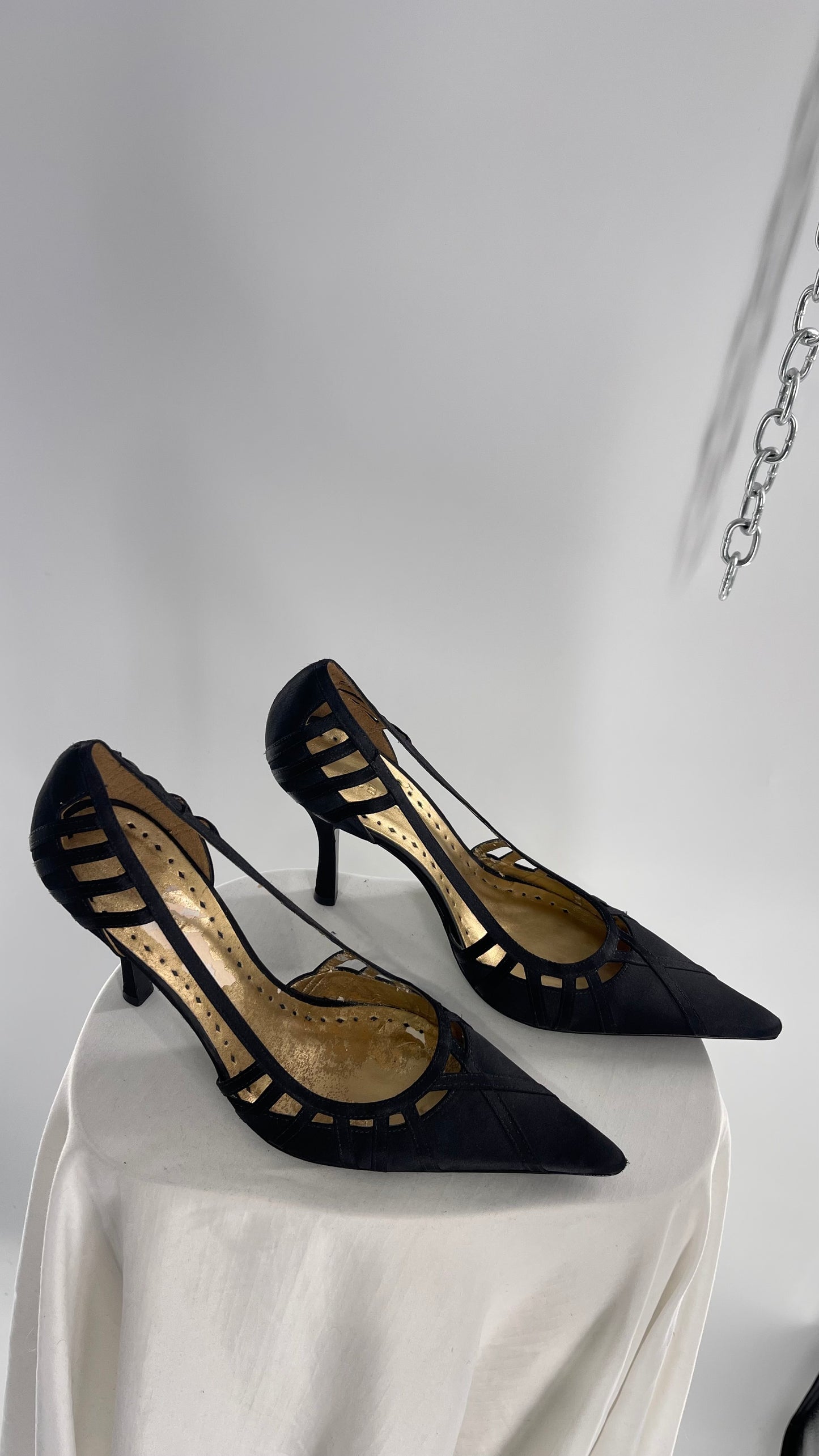 Vintage BCBGirls Black Satin Pointed Toe Heel with Strap Detailing (9.5)