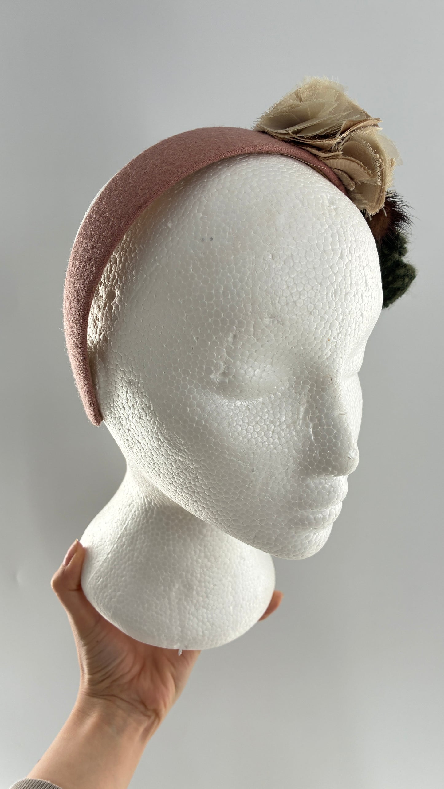 Vintage FARMER Handmade Pink Knit Headband with Wool, Buttons and Fur Appliqués