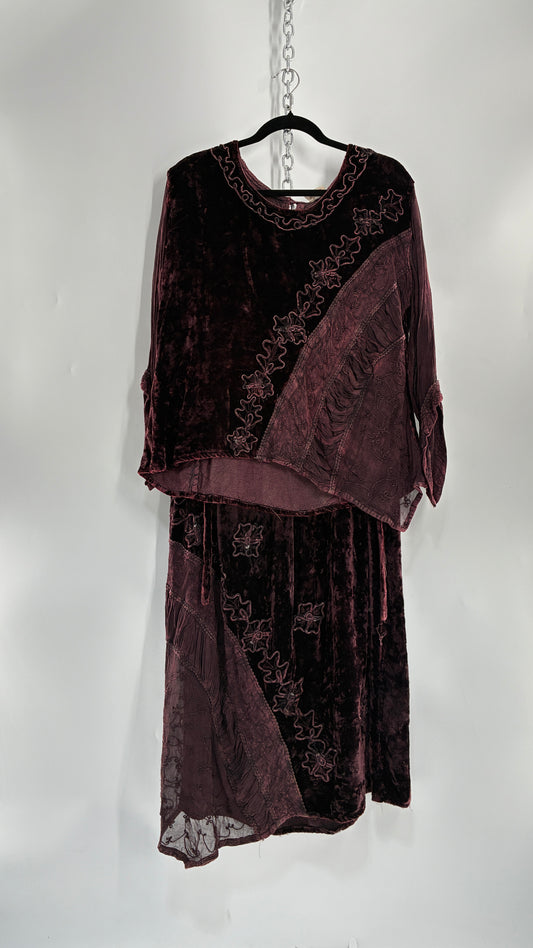 Vintage 1990s Burgundy Velvet Tie Back Blouse and Sheer Paneled Skirt (OS)