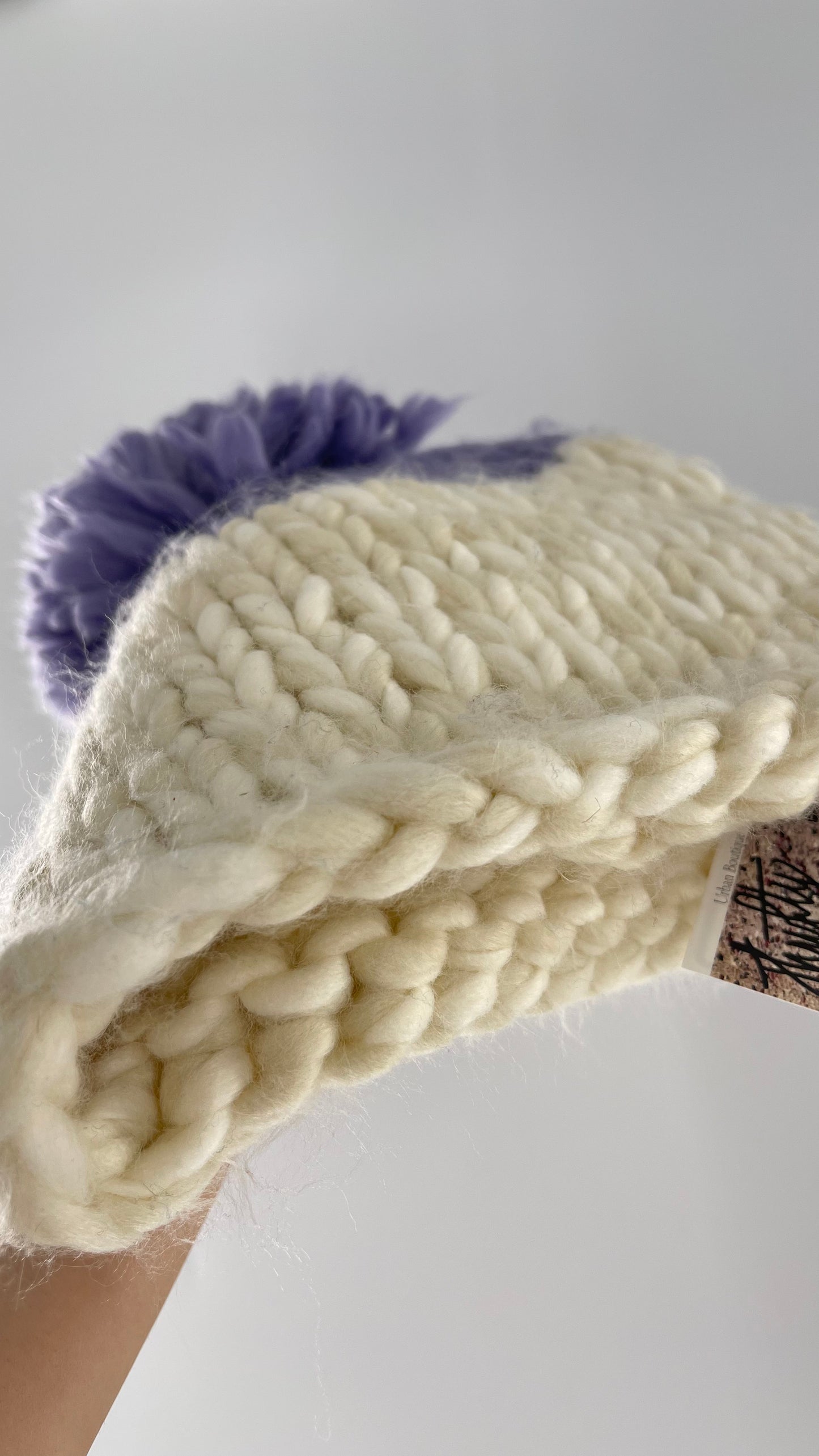 Free People White Knit Beanie with Lilac/Lavender Pom