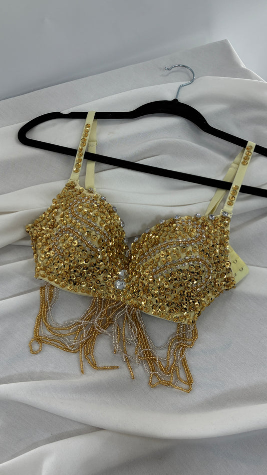 Vintage Gold Sequin Bra with Beaded Draping and Crystal Lining (34)