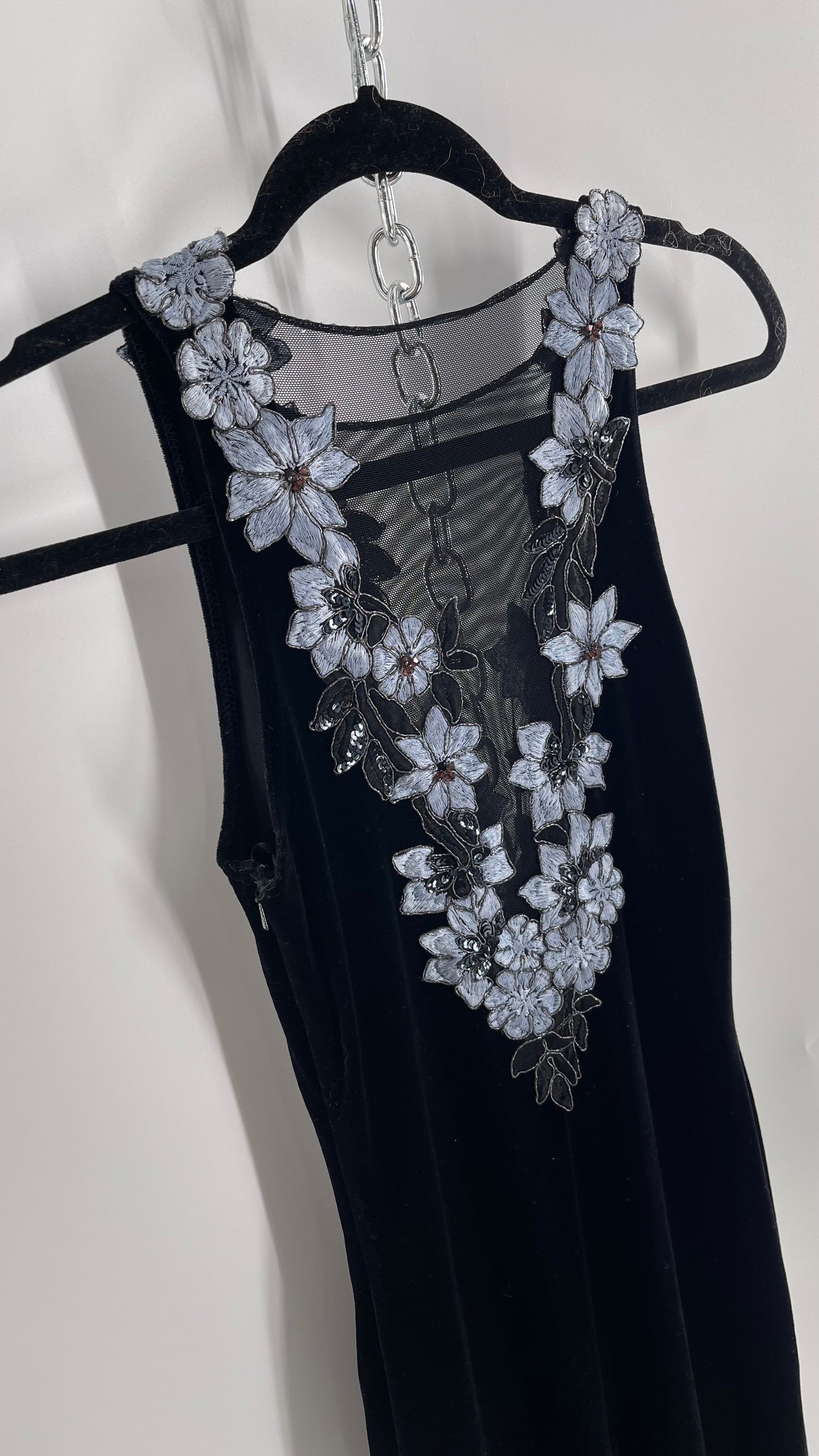 Vintage Jessica McClintock Black Velvet Fit And Flare Gown with Plunging Neckline Covered in Embroidered Beaded Pale Blue Flowers (2)