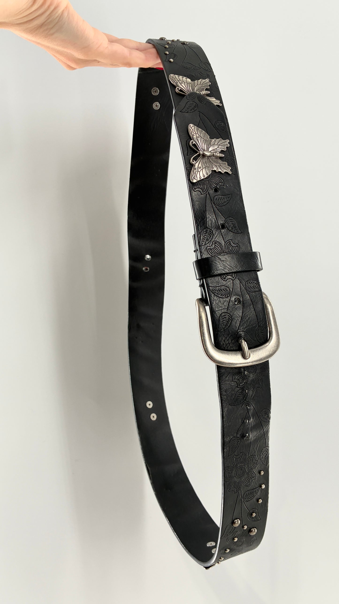 Vintage Distressed Black Embossed Belt with Silver Metal Butterfly Medallions (XL)