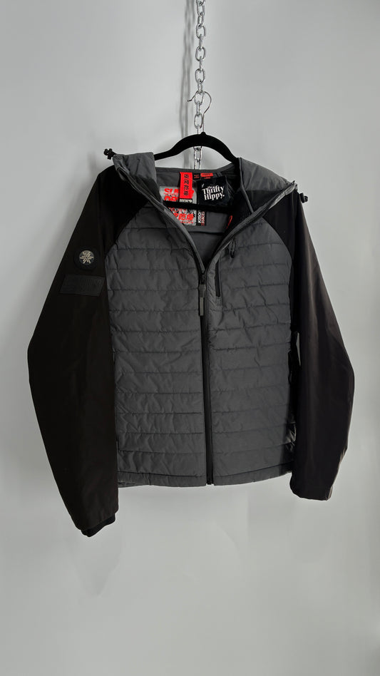 Super Dry Black and Grey Puffer Winter Jacket (Large)