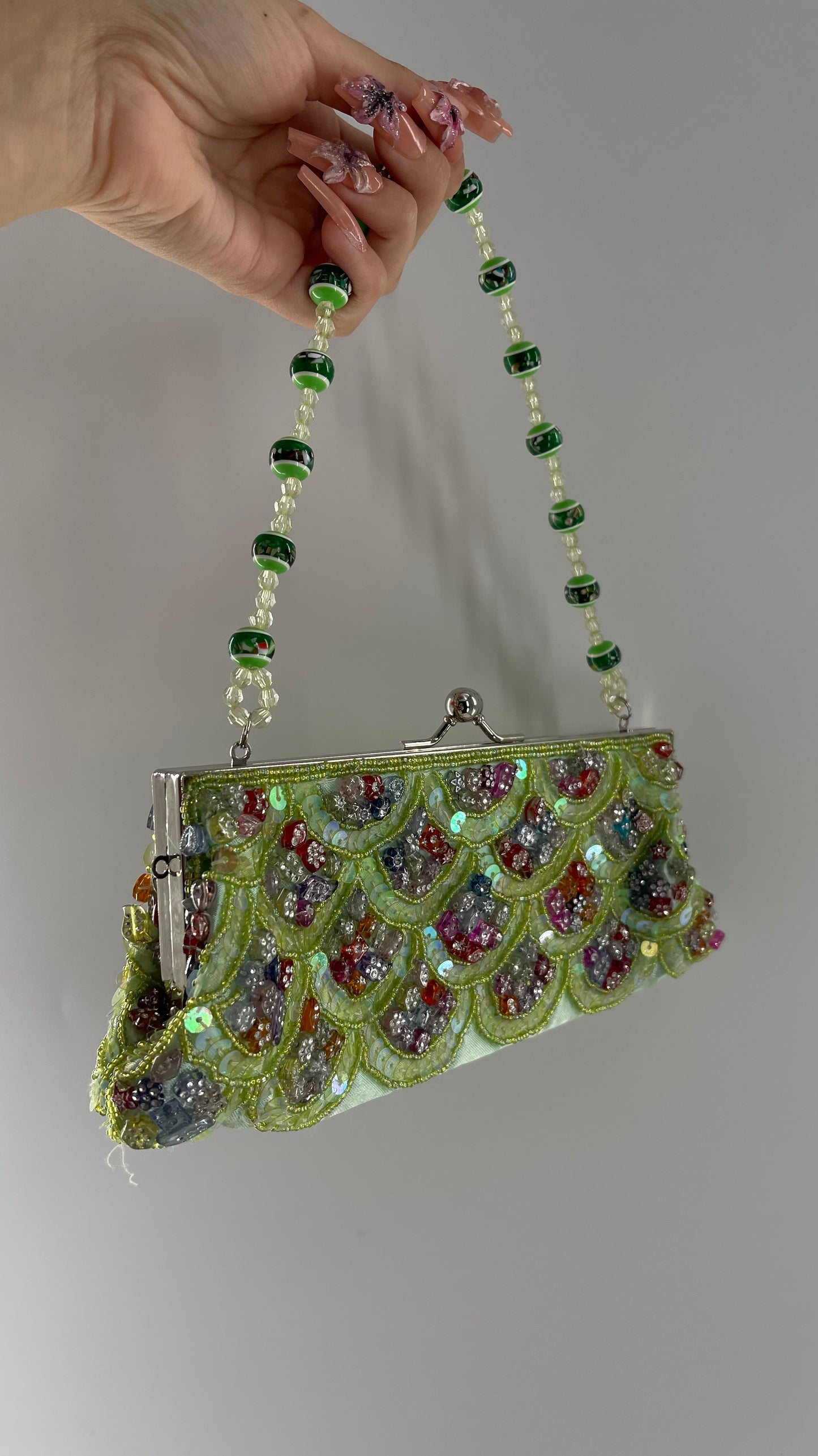 Vintage MAX MAYER 1990s Lime Green Candy Bag with Sequin, Beaded, Embroidered Make