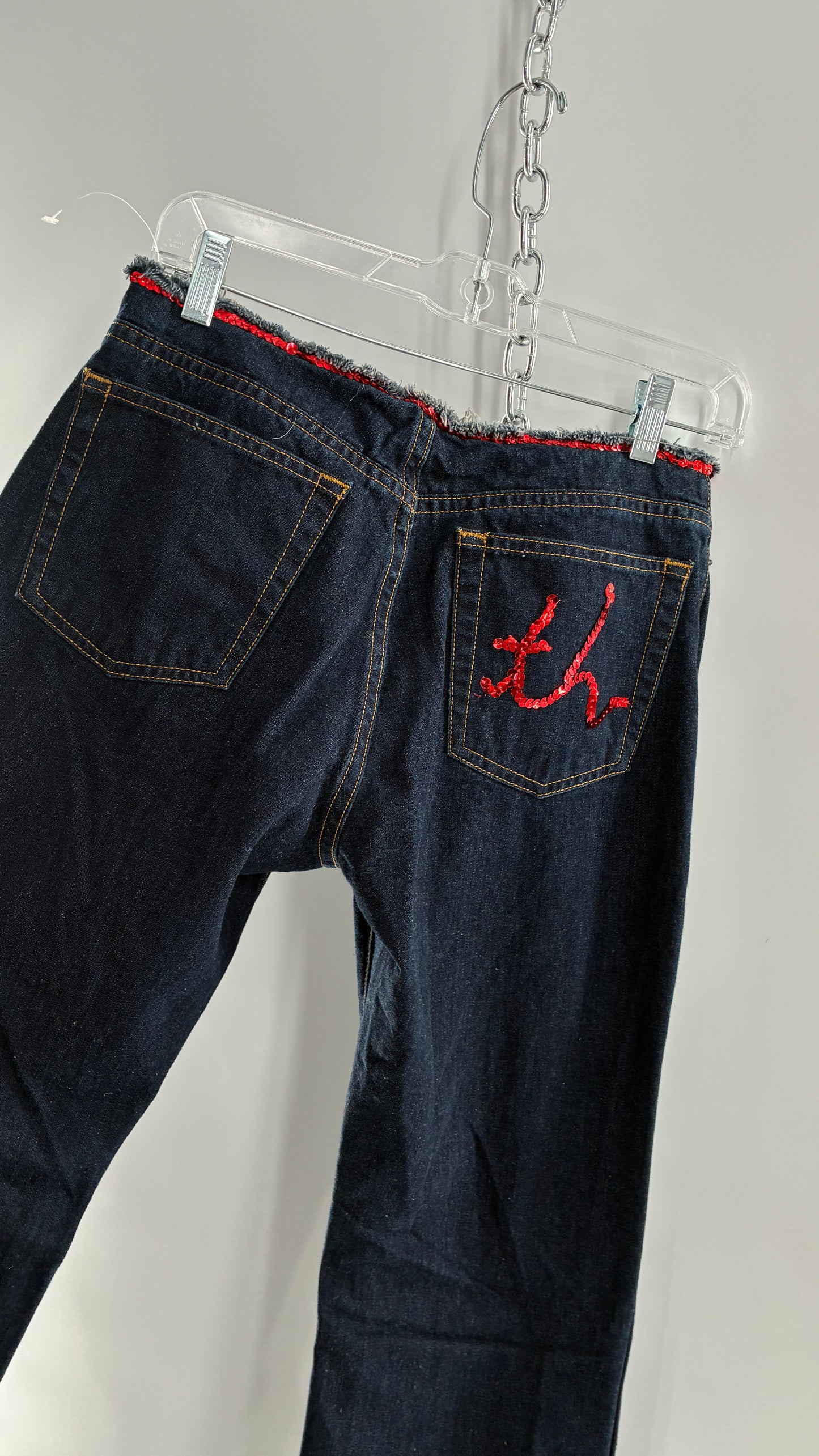 Vintage Tommy Hilfiger Low Rise Jeans with Frayed Waist Lined in Red Sequins (7)