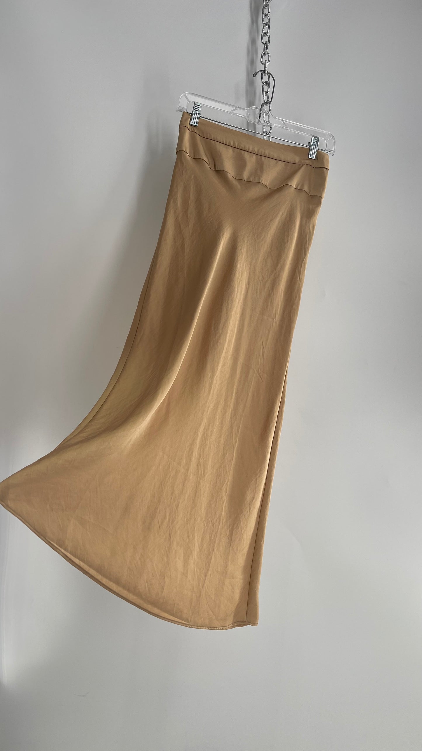 Free People Gold/Tan Silky Maxi Slip Skirt with Wide Waist Band (2)