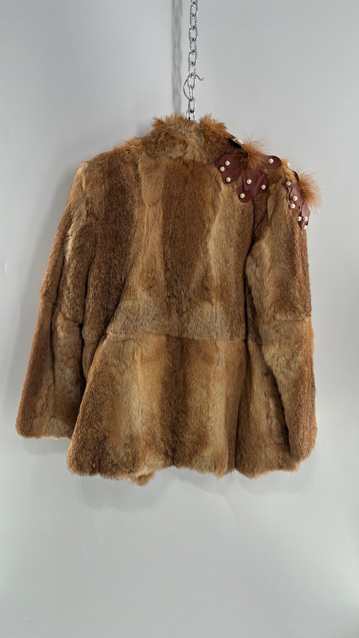 Vintage OPERA Montreal New York Genuine Fur Coat with Pearl Embellished Leather Flower Appliqués (Medium)