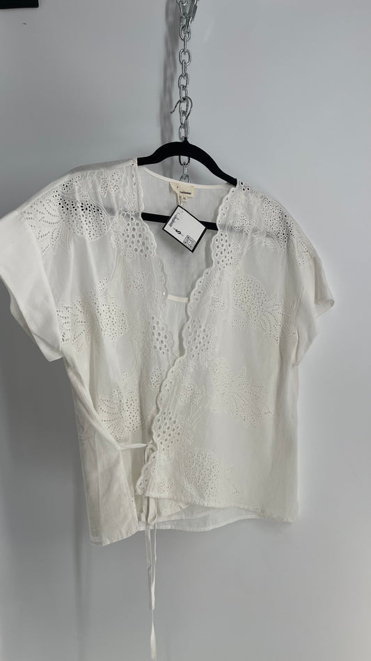 Anthropologie The Korner White Top with Eyelet Lace Scalloped Details (XL)
