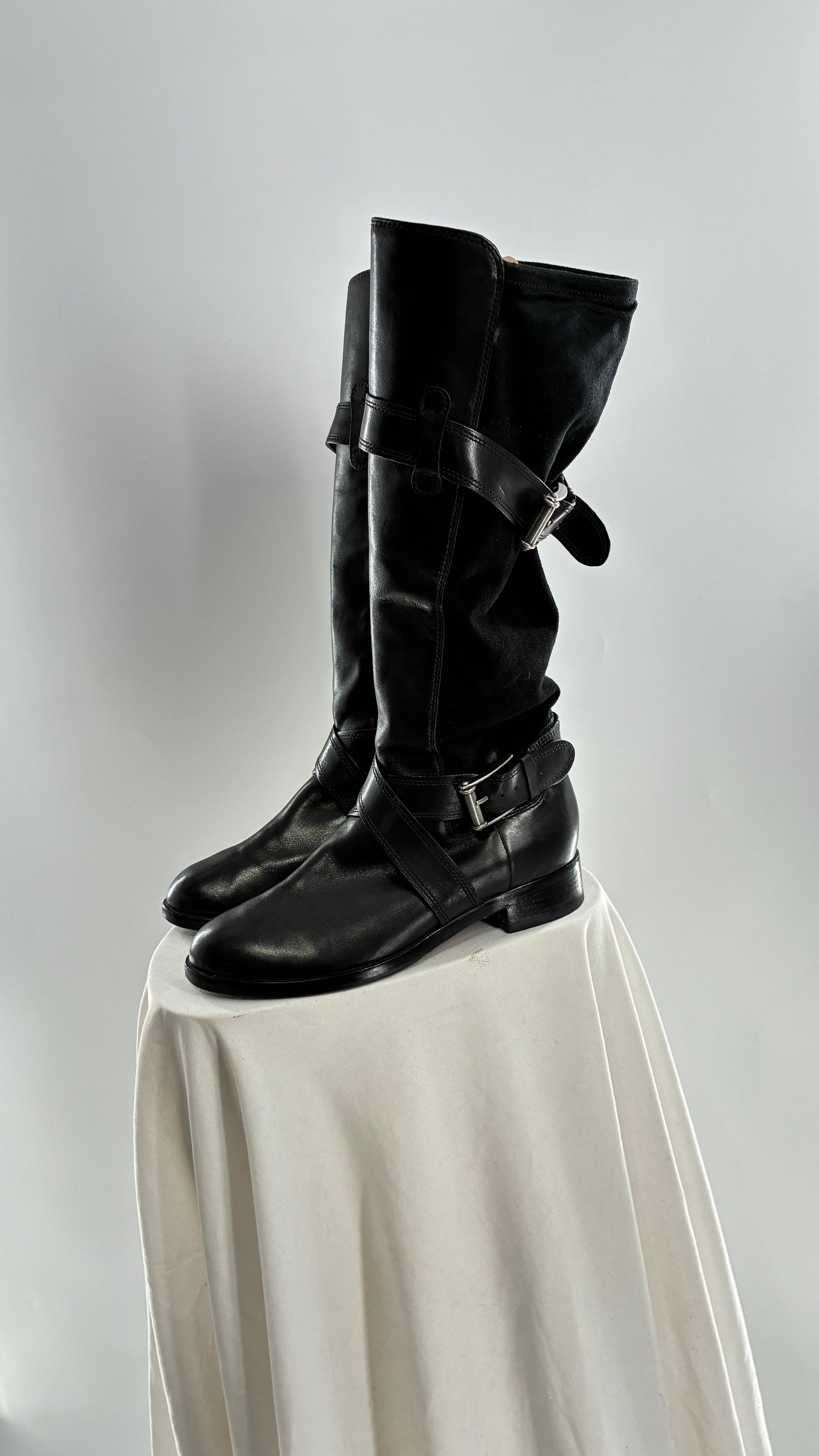 Vintage Cole Haan Black Leather Knee High Boots with Buckle Detailing (7.5)