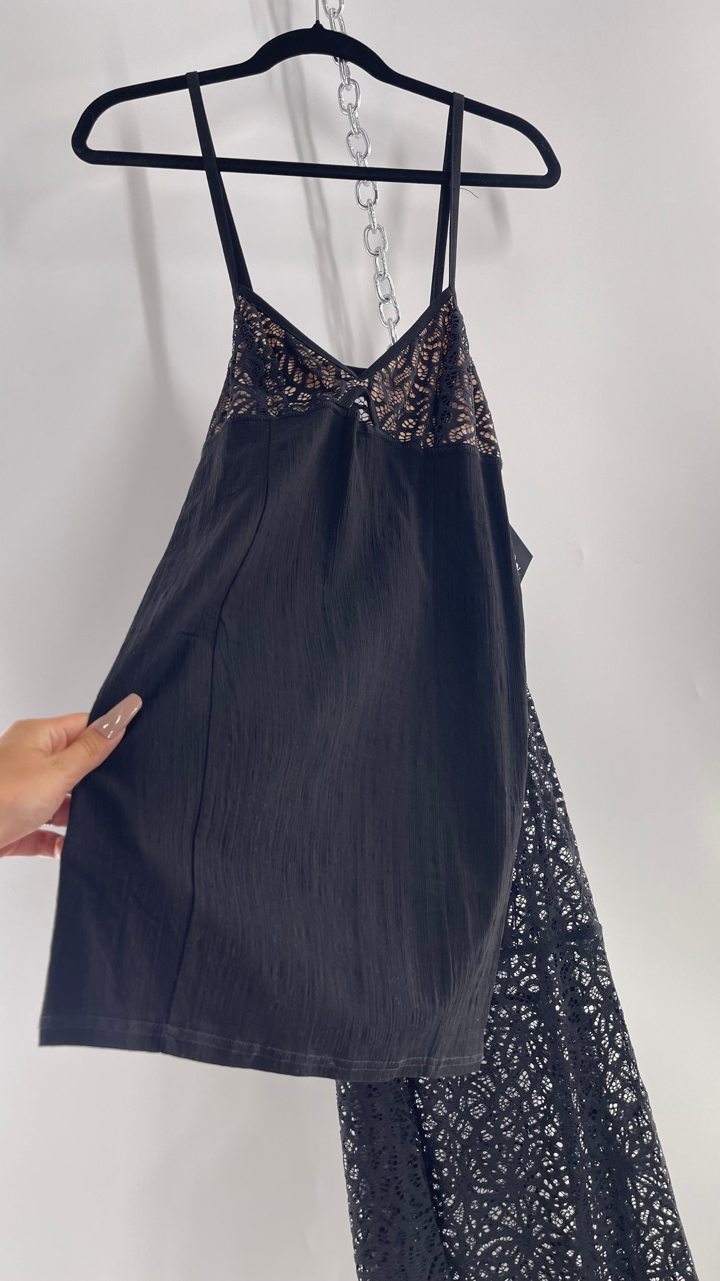 Intimately Free People Set Black Mini Dress with Nude Bust and Lace Sheer Maxi Skirt (Medium)