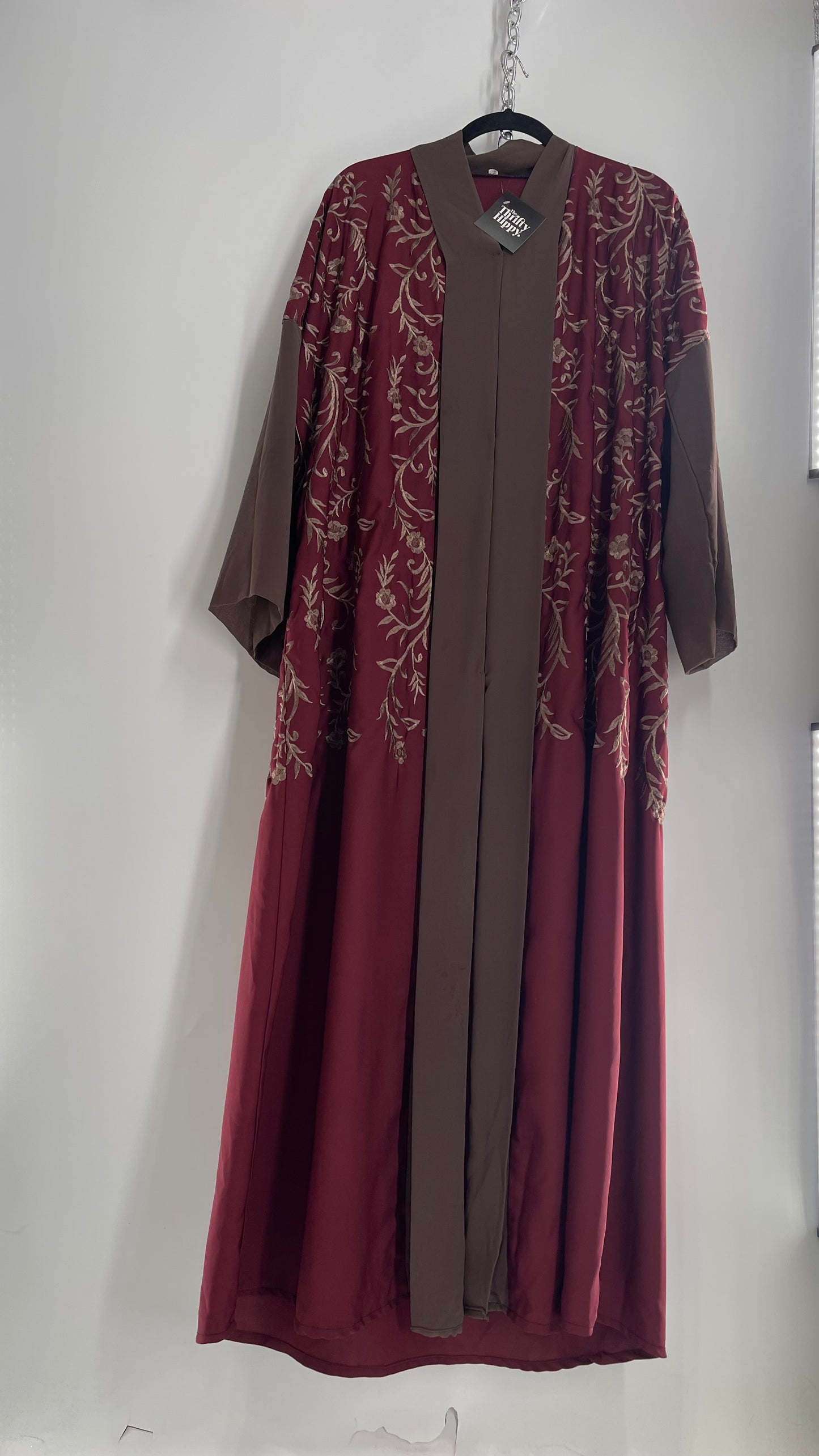 Vintage Embroidered Burgundy Sweeping Duster Coat/Cape with Tan Embroidery